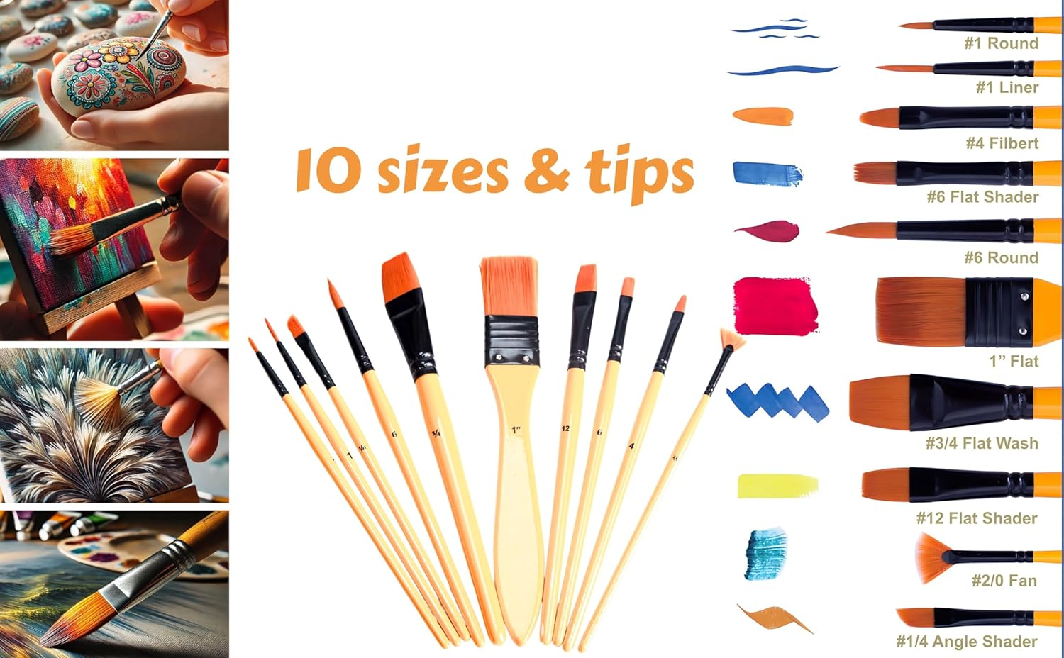 Exerz Acrylic Paint Brush Set 10 Pcs Synthetic Hair Artist Professional Brushes in a Travel Case/Perfect for Acrylic Watercolour Gouache & Face Paint - Acrylic image number 4