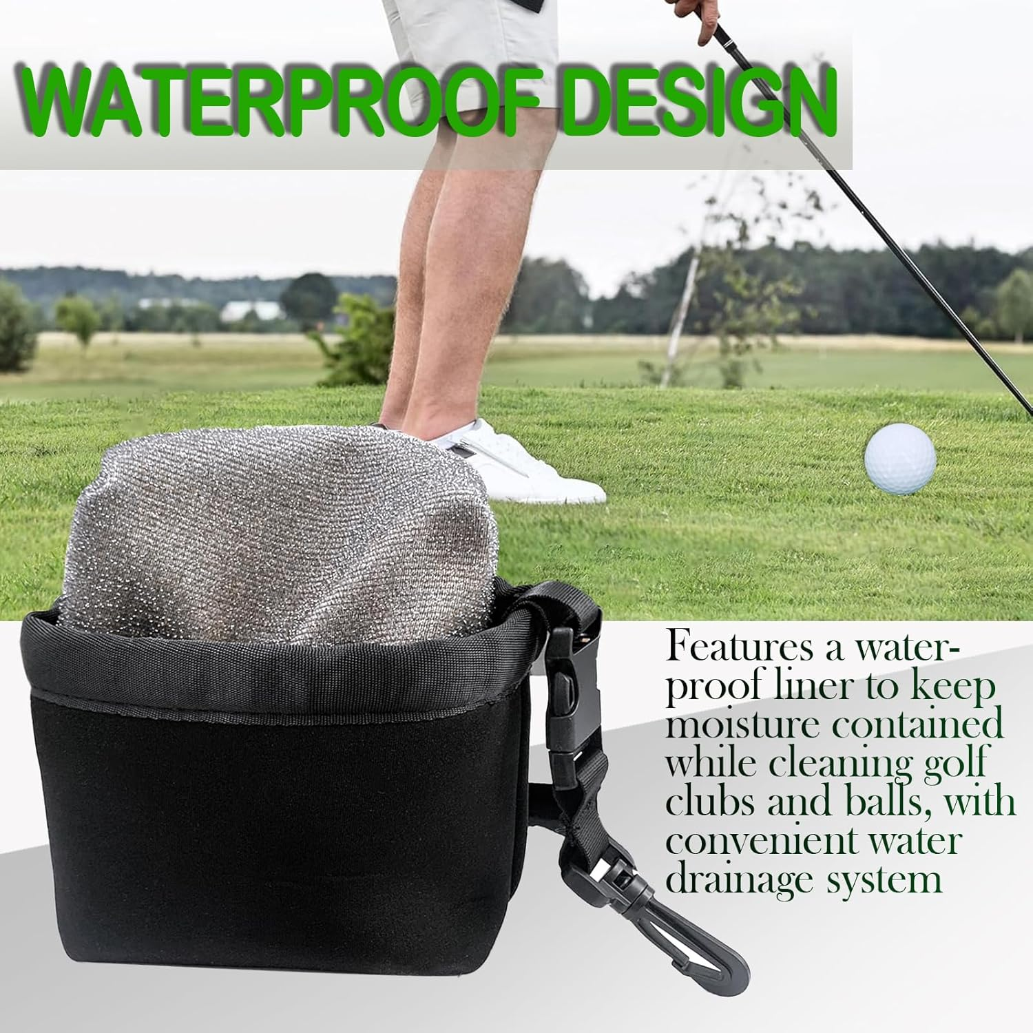 Golf Club and Golf Ball Cleaning Bag, Waterproof Microfiber Pouch with Detachable Clip, Machine Washable image number 5