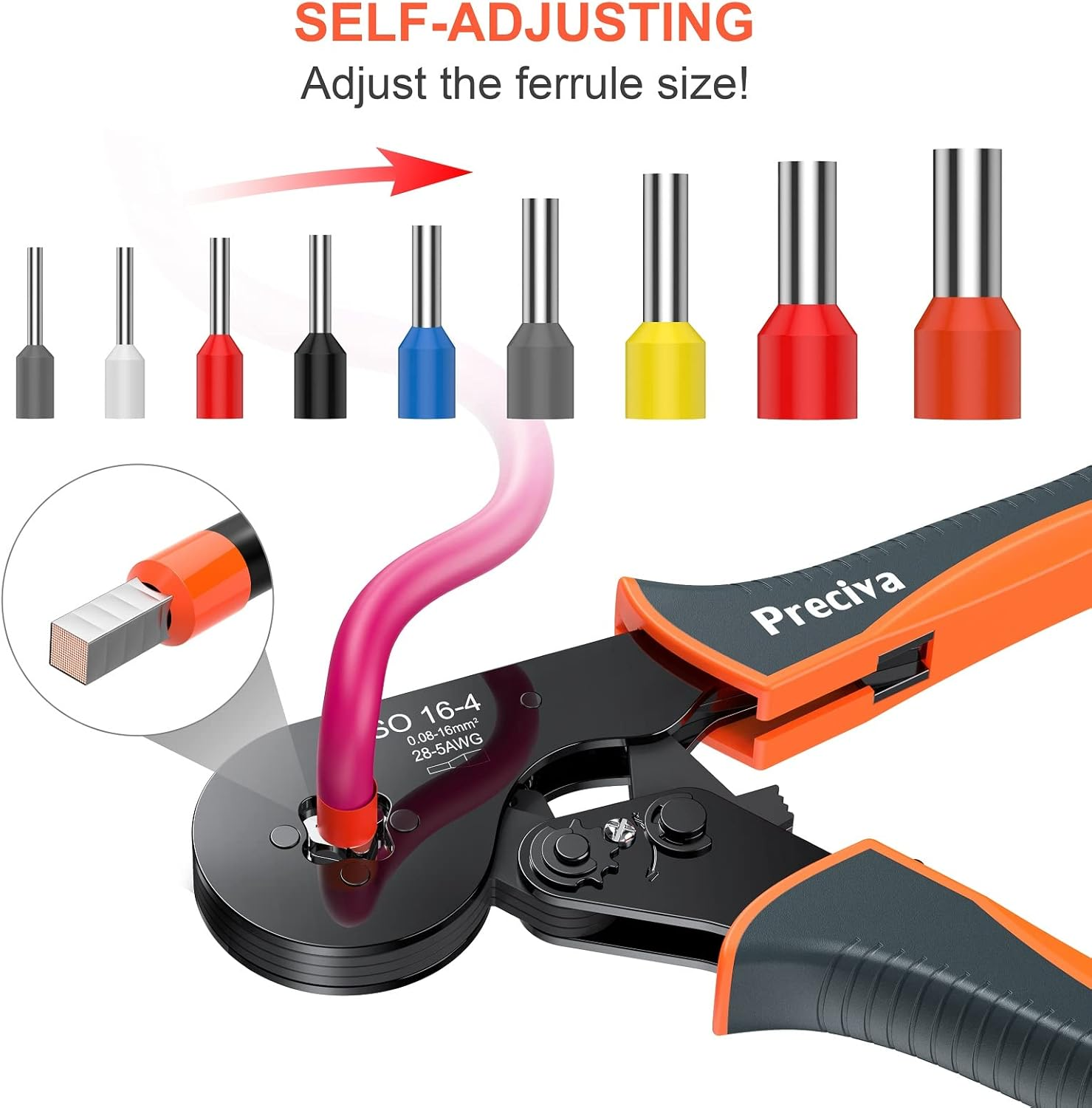 Bootlace Ferrule Crimping Tool, Preciva 0.08-16Mm&sup2;/Awg 28-5 Ferrule Crimper-Tool with 1200Pcs Ferrules, Self-Adjsutable Ratchet Wire Crimping-Tool,Wire Terminal Device Set image number 3