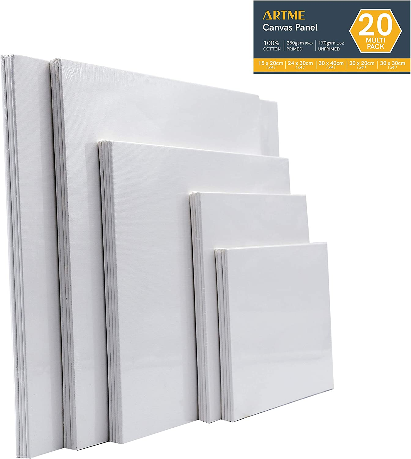 ARTME 20Pcs Canvas Panels (15X20-4Pk, 24X30-4Pk, 30X40-4Pk, 20X20-4Pk, 30X30-4Pk) 3Mm Blank Artist Canvas Board / 280GSM/ 100% Cotton/Triple Primed/Acid Free/Medium Grain- Acrylic & Oil Painting image number 1