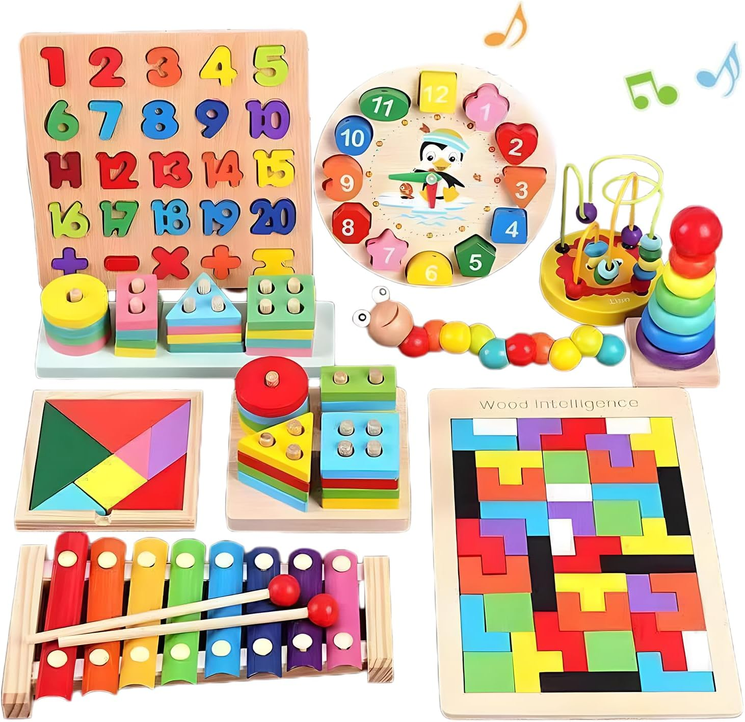 Uandhome Montessori Toys Set,10 in 1 Kids Wooden Toddler Sensory Toys,Preschool Educational Learning Toy with Wooden Sorting & Stacking Xylophone Bead Maze Sand Hammer for 3 Years Old Boys Girls Gift image number 3