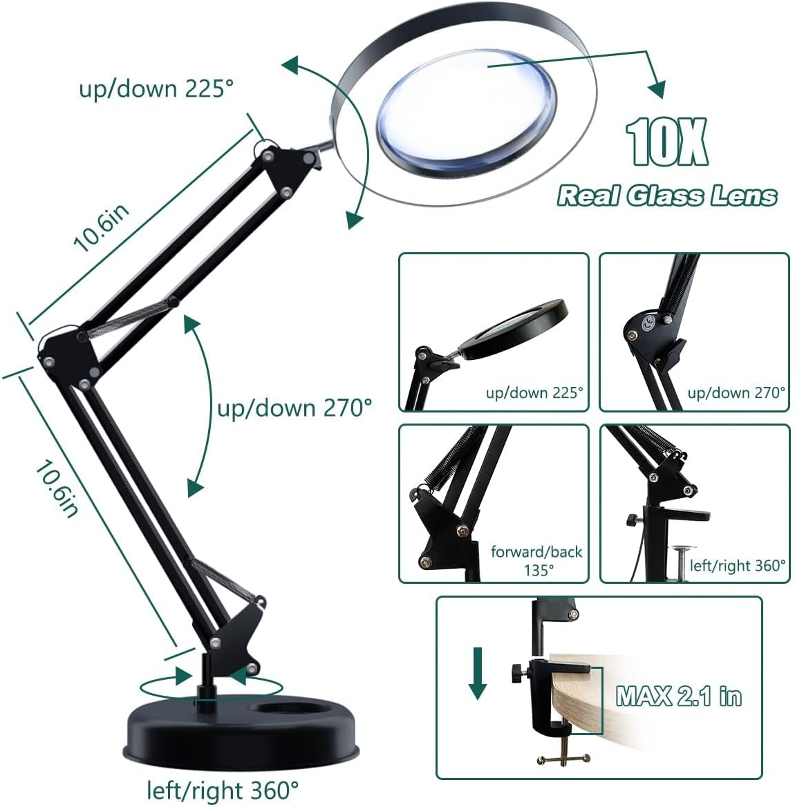 10X Magnifying Lamp with Stand, 3-Colour Modes, Adjustable Brightness, Adjustable Swing Arm,Perfect for Daily Reading,Hobbies, Crafts, Workbench image number 5