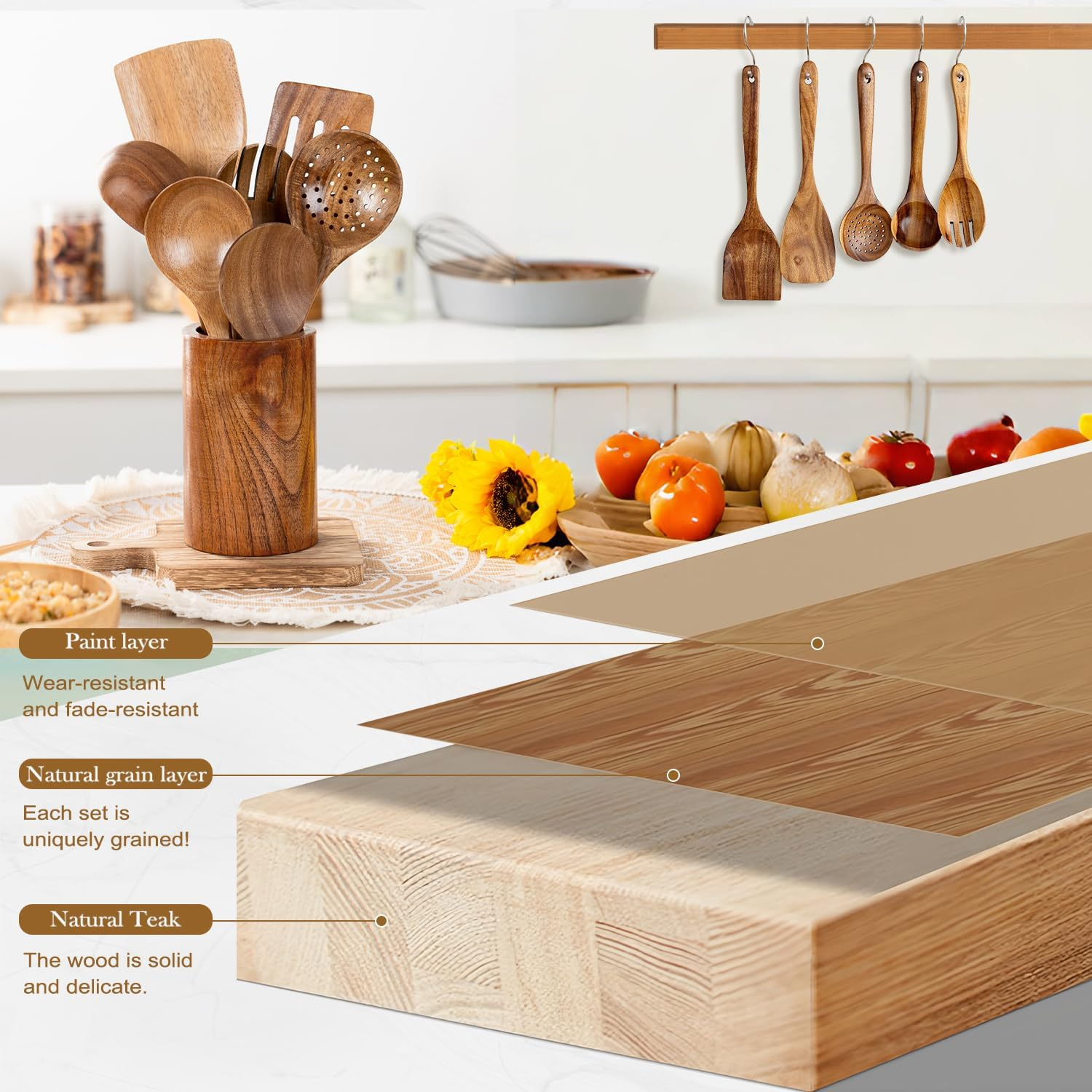 WEKUBA 11 Piece Kitchen Utensil Set, Natural Teak Kitchen Wooden Utensils for Cooking, Wood Utensil Natural Teak Wood Spoons for Cooking,Wooden Utensil Set with Spatula and Ladle image number 5