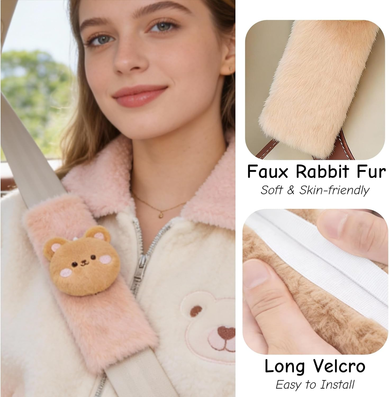 2 PCS Seat Belt Cover Pad, Cute Kawaii Cartoon Seatbelt Covers for Kids and Women, Winter Plush Fluffy Soft Seat Belt Cover, Bunny Dog Bear Seatbelt Cushion,Car Seat Strap Pads (F-Bear) image number 6
