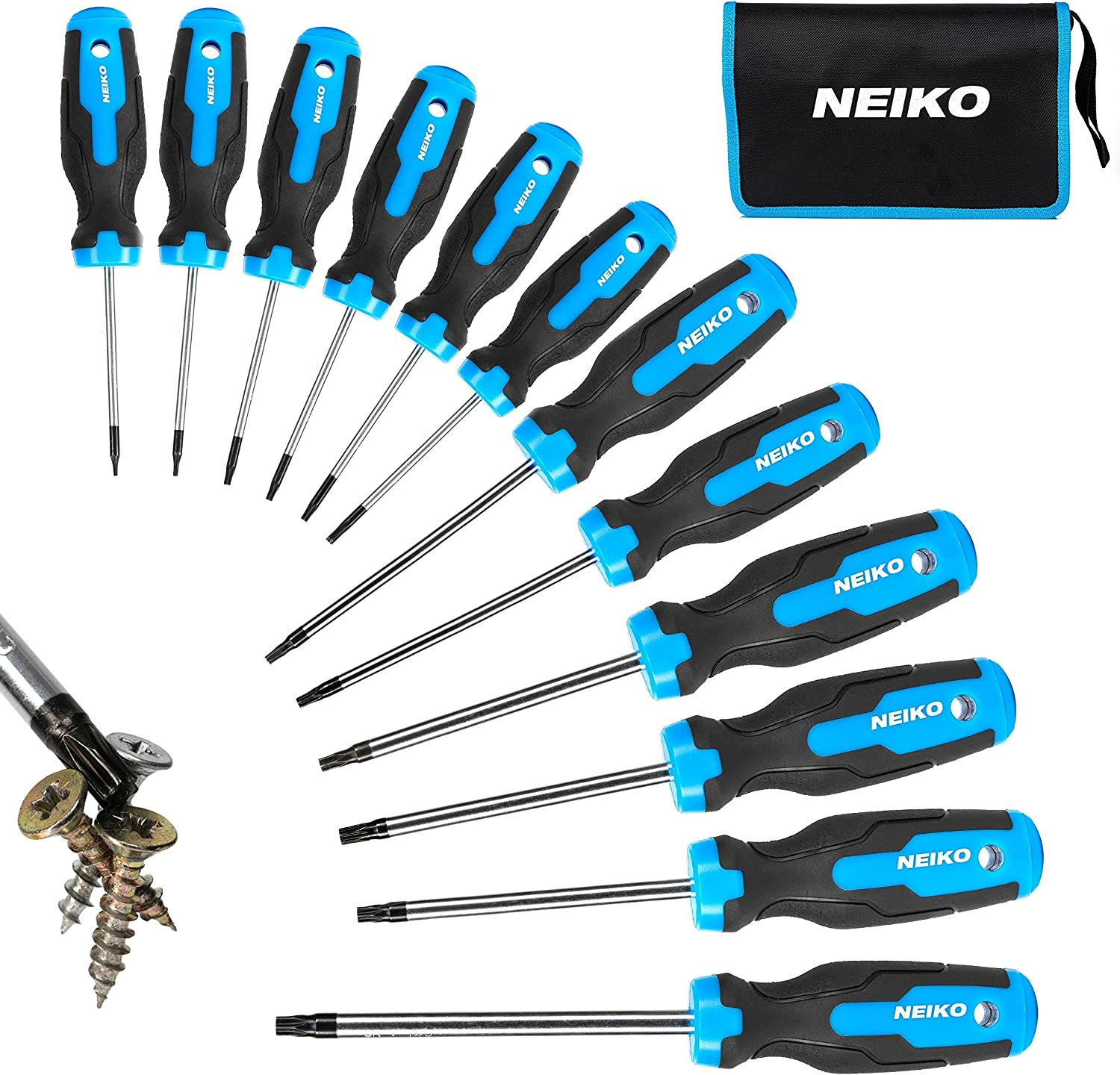 NEIKO 01377A Magnetic Torx Screwdriver Set | 12 Piece | T5 &ndash; T40 | 6 Point Star Head Driver | Heat Treated Chrome Vanadium Steel | Non Slip Cushioned Handle Grip | Magnet Bit Tip | Carrying Pouch image number 2