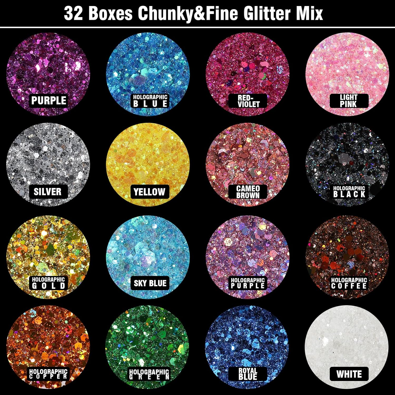 Teenitor Rave Festival Chunky and Fine Glitter Mix - 32 Colors Iridescent Loose Cosmetic Makeup for Face, Body, Hair image number 3