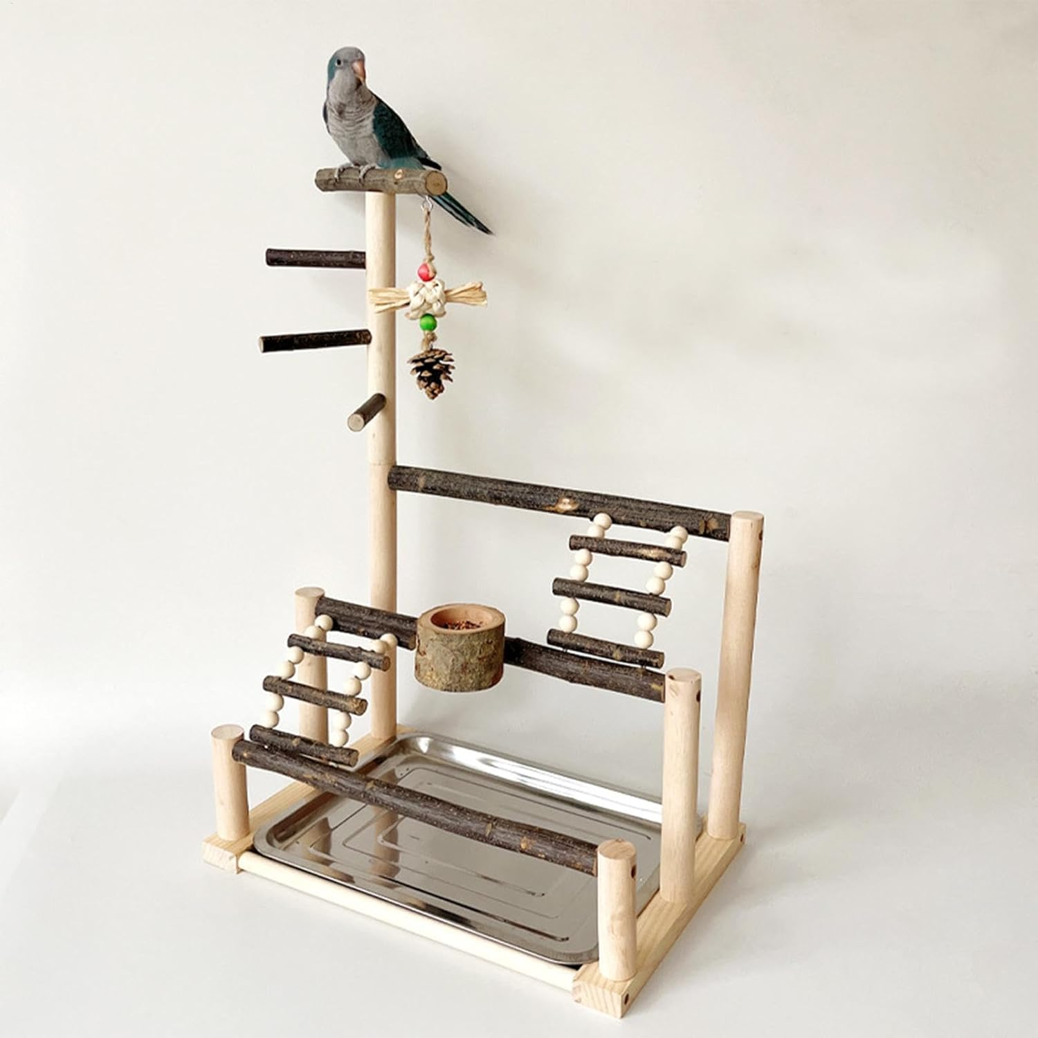 Parrot Stand Playground - Parrot Playstand Play Gym | Large Perch Stand for Parakeet and Birds, Parakeet Cage Accessories with Feeding Cups, Natural Parrot Playstand Play Gym for Budgies Cockatiel