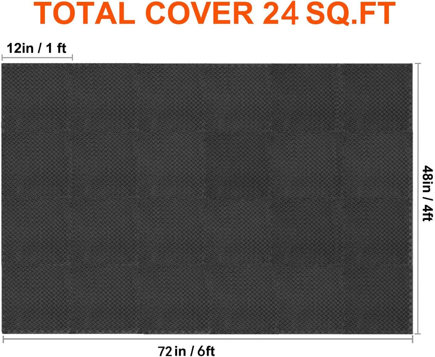 Exercise Puzzle Foam Mats &ndash; 24 Tiles, 30Cm&times;30Cm&times;1Cm (12"&times;12"&times;0.39") Each, Gym Flooring for Home Workouts Black image number 3