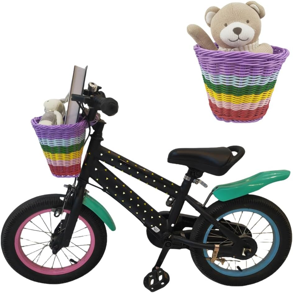 Kids Bike Basket, Front Bicycle Bike Baskets for Kids, Small Wicker Bike Basket for Boys and Girls, Small Wicker Basket for Bike, with 1Pc Bicycle Bell, and 1Pairs Ribbons Tassels image number 2