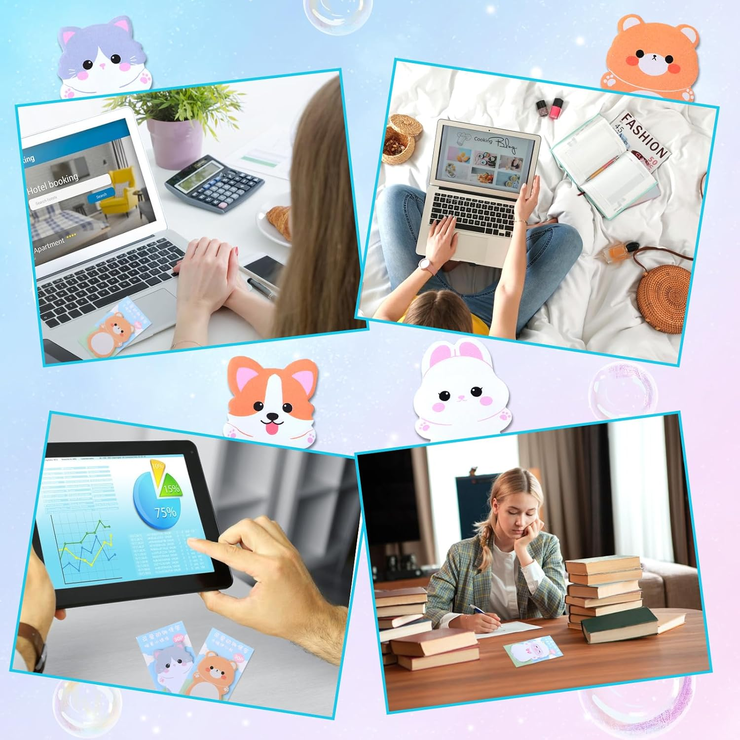 Amaxiu Cute Self Stick Notes, 6 Pack Cartoon Animal Sticky Note Kawaii Markers Flags Memo Pads Small Sticky Memo Pad Dog Cat Rabbit Bear Shape 8X5Cm/3.2X2In 180 Sheets image number 6