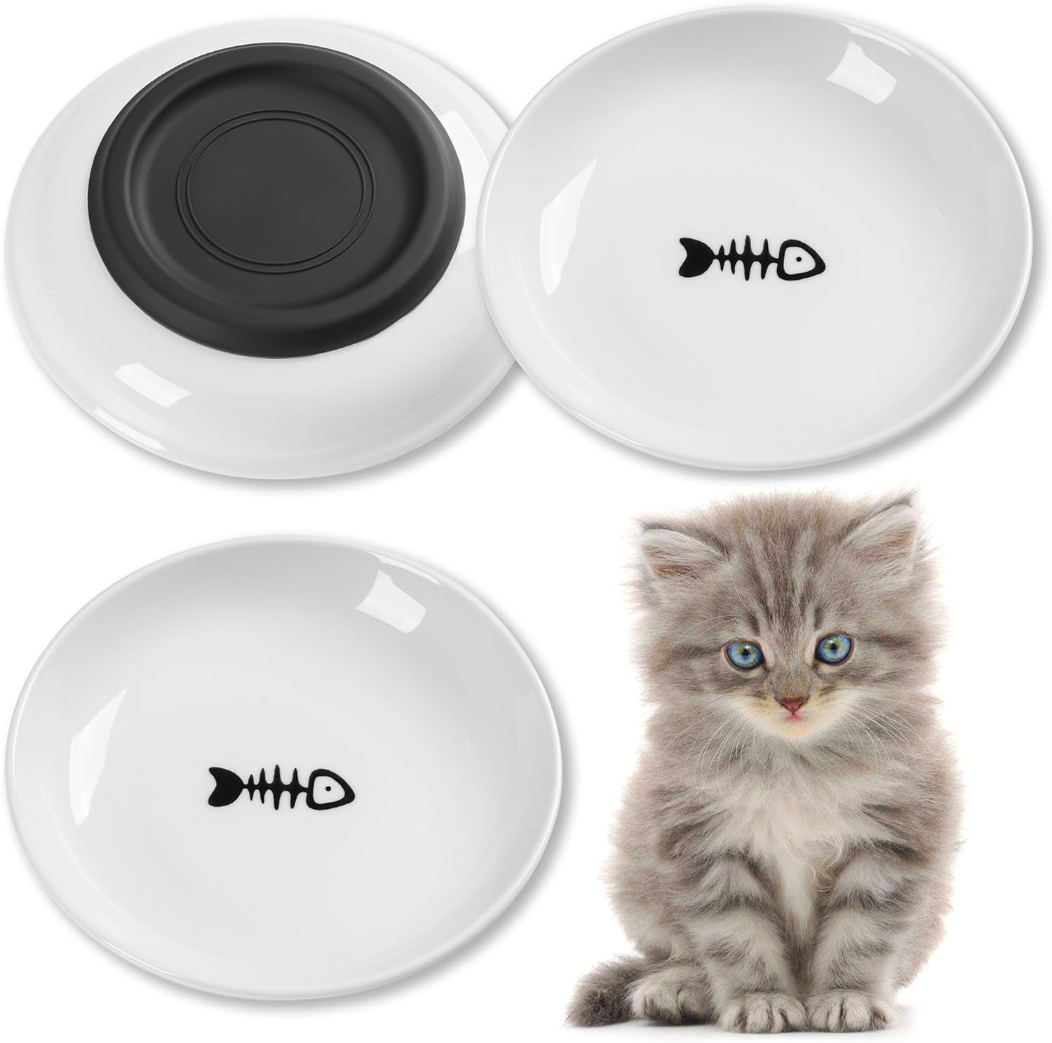 Cat Food Bowls - Whisker Friendly Ceramic with Nonslip Silicone Bottom, Pack of 3 Quiet Dishes and Plates for Feeding Indoor Cats, Kittens and Small Dogs (Cat Paw)