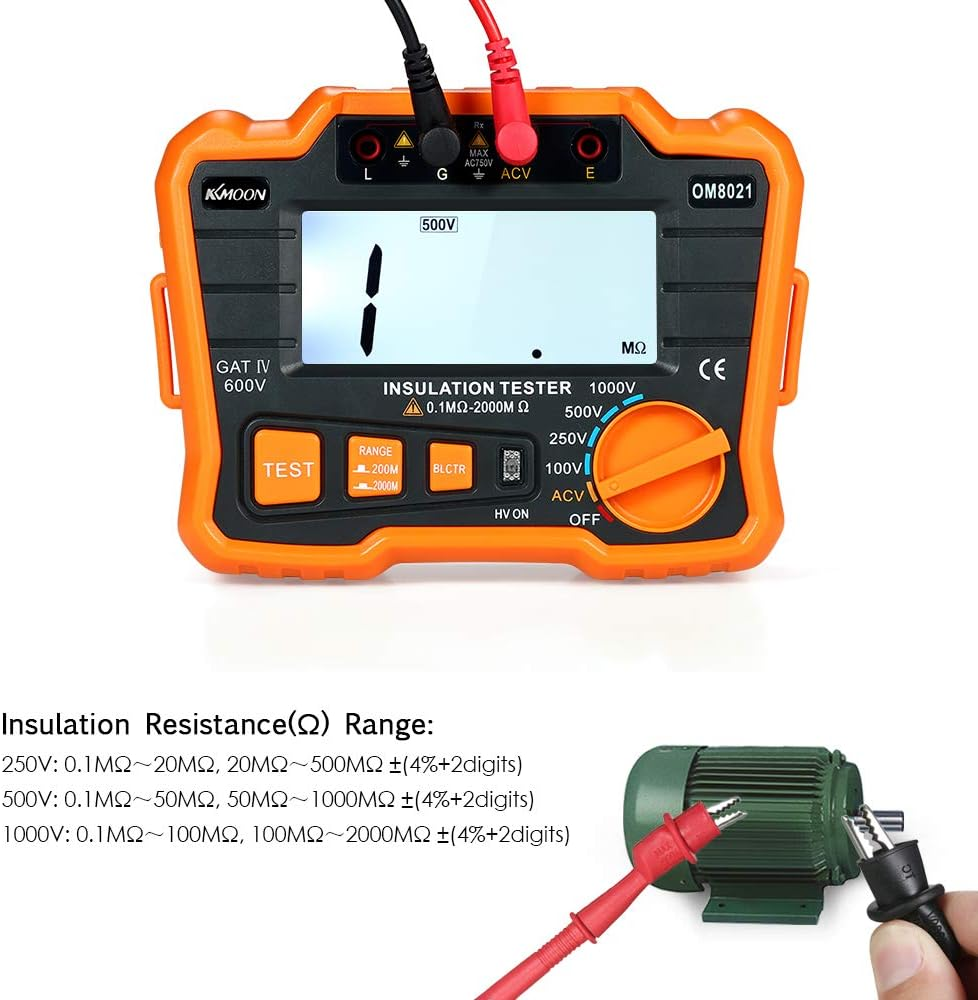 Insulation Resistance Tester DCV ACV Meter 1000V Ground Megger Megohmmeter Megohm Voltmeter W/Lcd Backlight Display