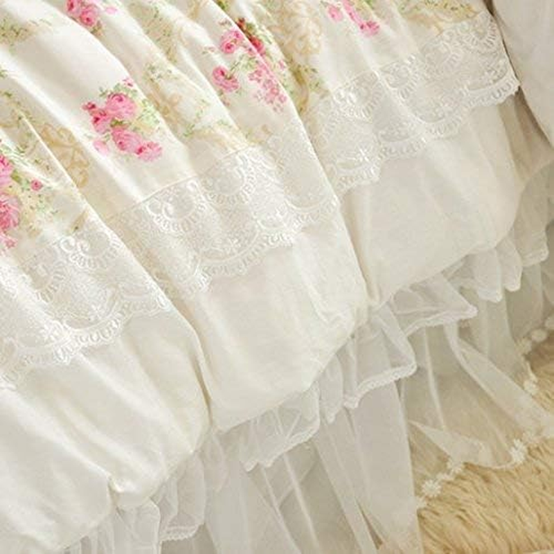LELVA Girls Bedding Set Lace Ruffle Duvet Cover Sets with Bed Skirt Princess Bedding Set Vintage Floral Print Duvet Cover Twin Size 4 Piece (King, White) image number 2