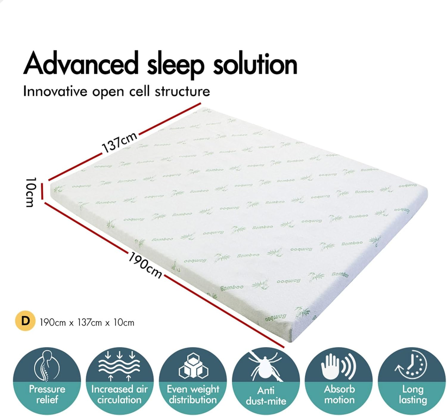 STARRY EUCALYPT Double Size Memory Foam Mattress Topper 10Cm, 7 Zone Design Cool Gel Infused with Removable Cover Beddings Bed Mat Pad image number 5