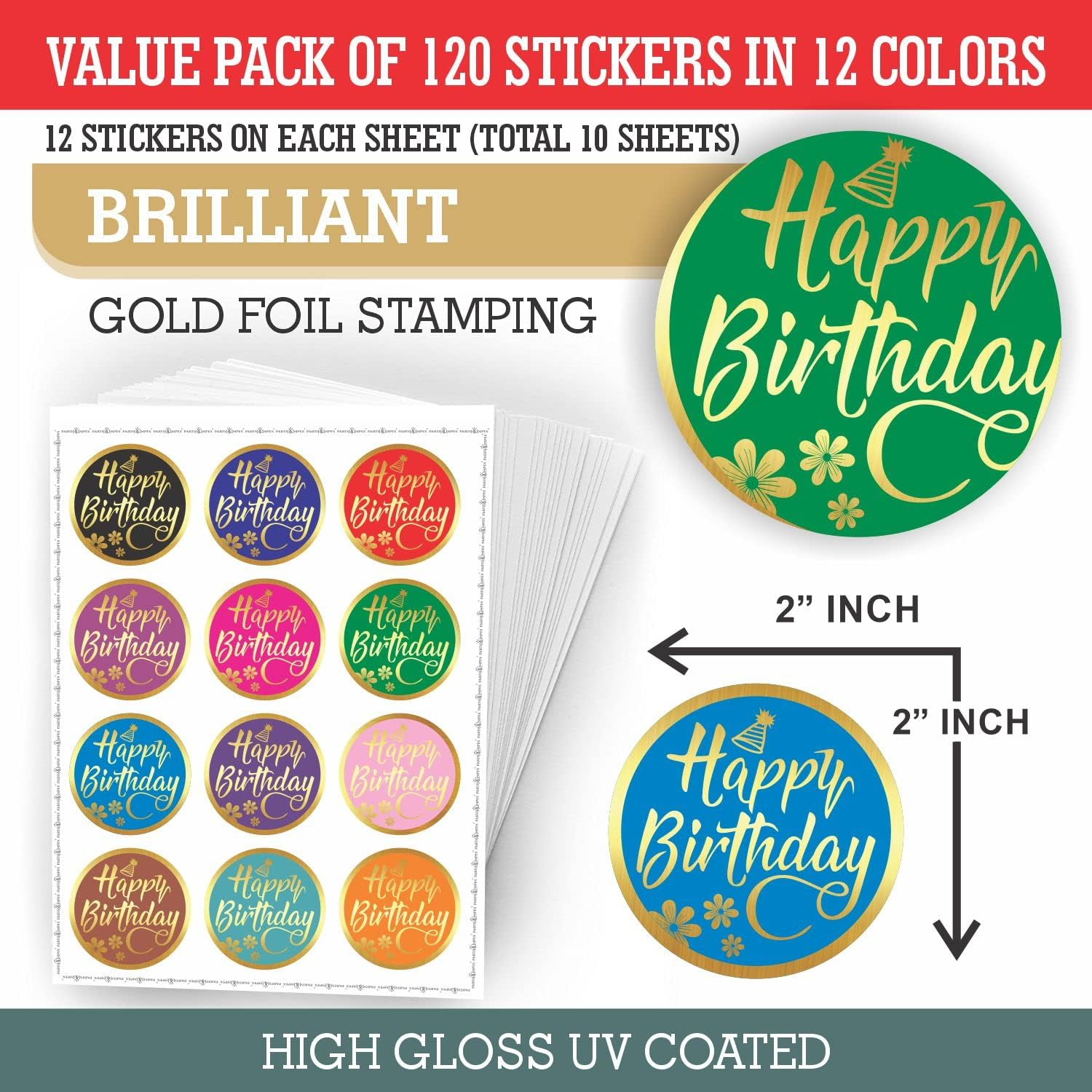 PARTH Impex Happy Birthday Stickers Seals Labels (Pack of 120) 2" Large round Gold Foil Stamping for Cards Gift Envelopes Boxes image number 2