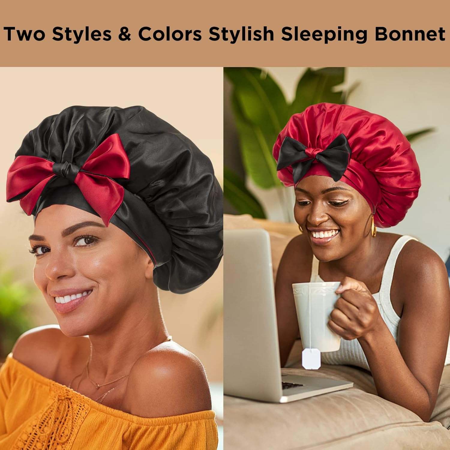 Satin Bonnet Silk Bonnet Hair Bonnet for Sleeping Large Bonnet for Women Reversible Bonnet Tie Band for Natural Curly Hair image number 6
