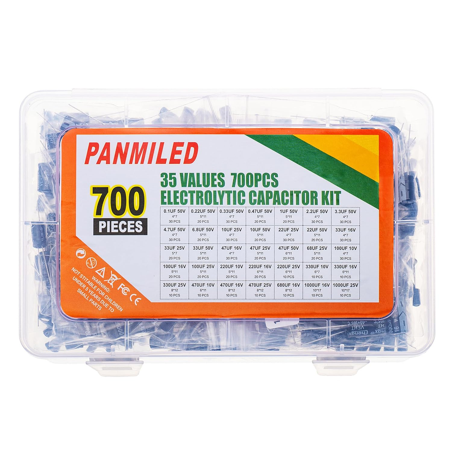 PANMILED 35 Values 700 Pieces Aluminum Electrolytic Capacitor Assortment Kit 0.1Uf-1000Uf 10V 16V 25V 50V Direct Insertion Aluminum Electrolytic Capacitor Series image number 1
