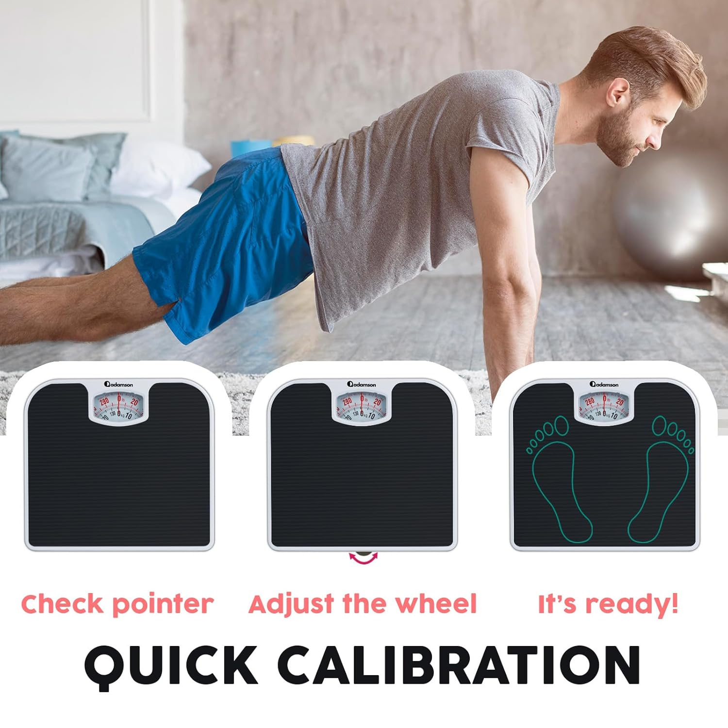 Adamson A21 Analog Scales for Body Weight - up to 300 LB - New Version - Anti-Skid Rubber Surface + Large Numbers - Analog Bathroom Scale - Affordable - Durable with 20-Year Assurance - Black image number 1