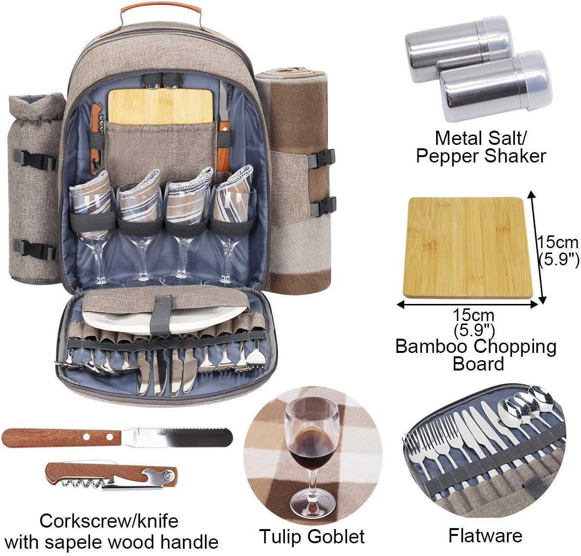 Sunflora Picnic Backpack for 4 Person, Picnic Basket Complete Set with Insulated Cooler and Blanket for Family Outdoor Camping(Brush Beige) image number 5