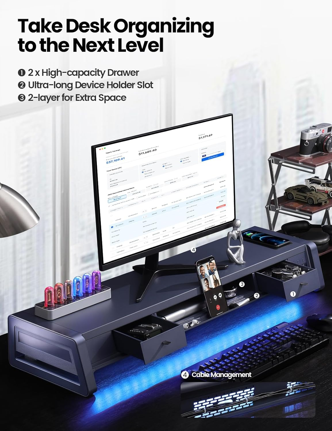 Vaydeer All-In-One Dual Monitor Stand Riser with 2 Drawers, 8USB Ports and Wireless Charging Pad with LED Light Strip for 2 Monitors , Desk Organizer for PC, Imac (Metal, 39.3 Inches) image number 5