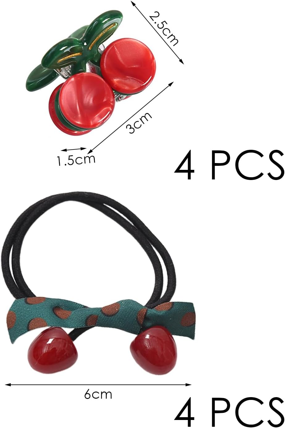 4 Pieces Cherry Hair Pins and 4 Pieces Cherry Hair Rings, Creative Design Hair Accessories, Cute Hair Accessories, Hairstyle Accessories. image number 1