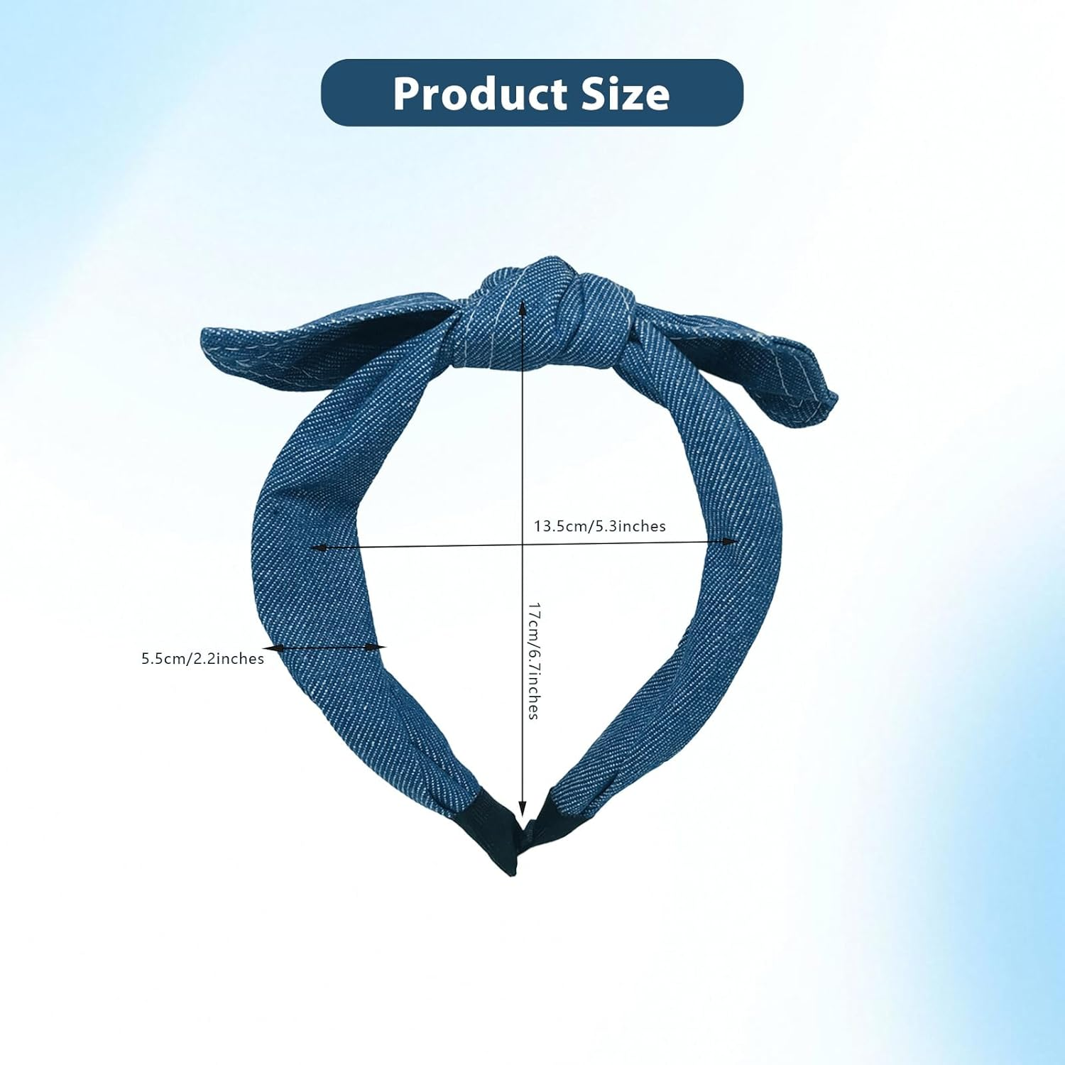 Blue Retro Denim Headband Non-Slip Stretchy Bow Knot Hair Band Wide Top Knotted Headwear Hair Accessory image number 3