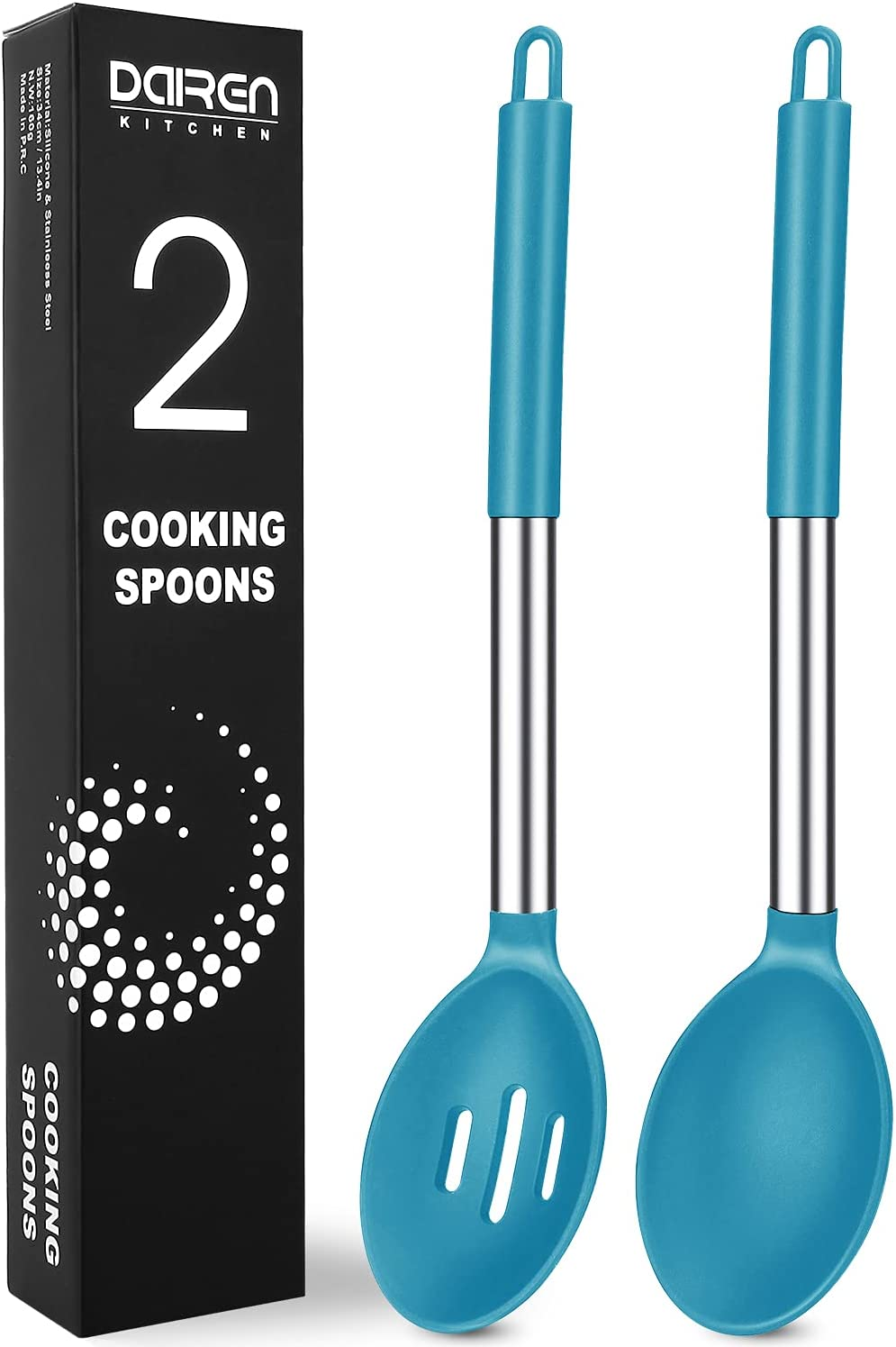 Pack of 2 Large Silicone Cooking Spoons, Non-Stick Stainless Steel Slotted and Solid Spoon Set for Serving, Mixing, Draining, Heat Resistant, Scratch Resistant and BPA Free Kitchen Scoops (Black)