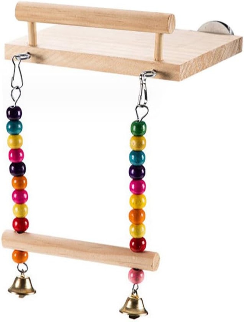 AIMALL Wooden Bird Swing with Platform for Small Parrots Cage Accessories Colourful Hanging Toy with Metal Hooks for Budgies Lovebirds Finches 5.5X4.7X6.7In