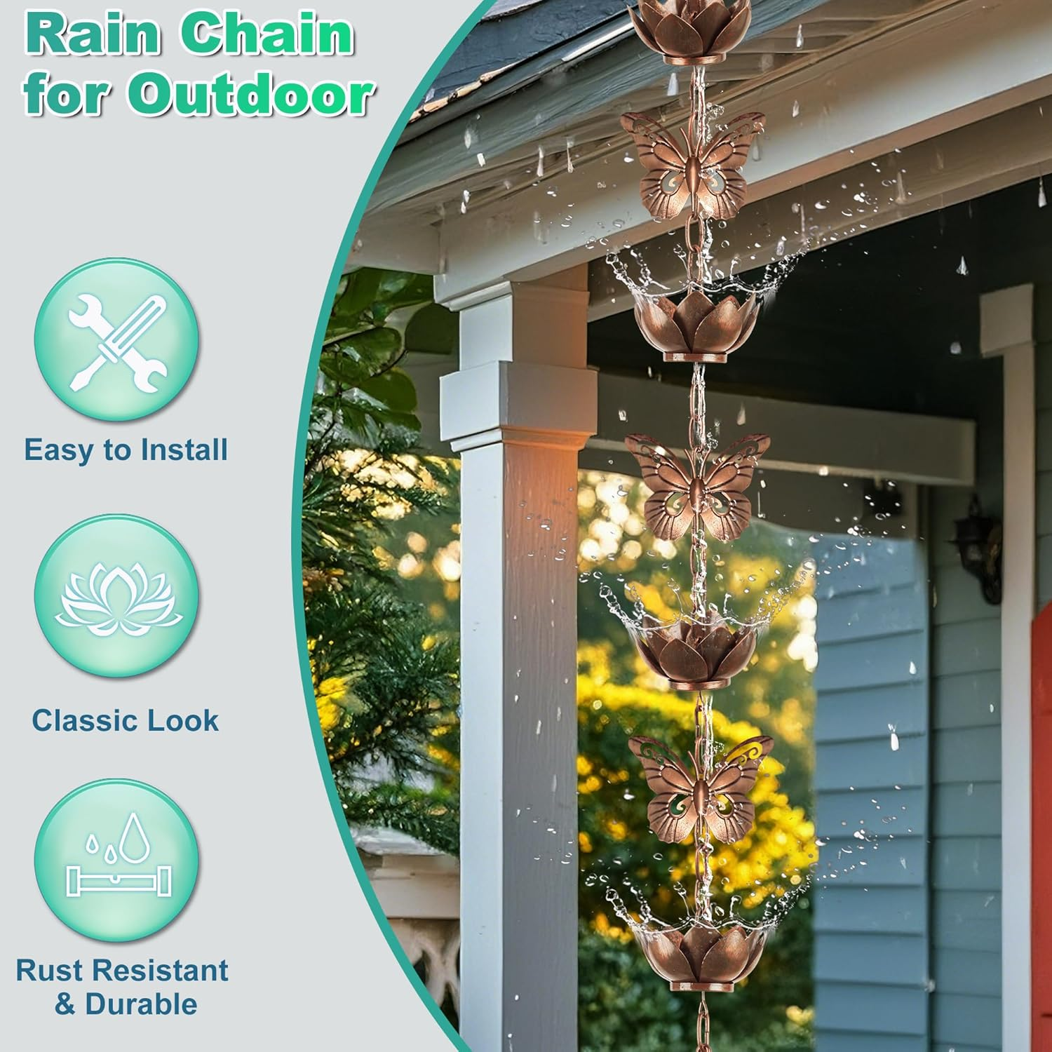 Shumi 13Ft Rain Chain for Gutters Downspouts Outside,Butterfly Rain Chain with 12 Copper Lotus Rain Chain Cups,Functional and Decorative Replacement for Gutter Downspouts