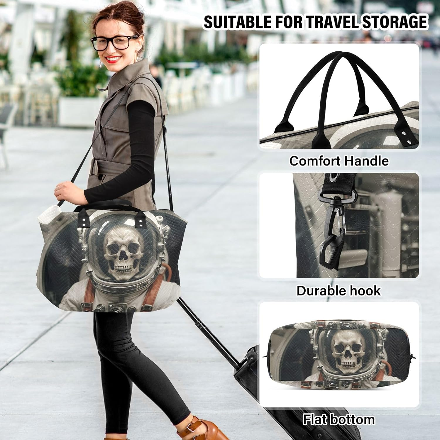 XYMZR Large Travel Duffel Bag, Astronaut Skeletonin Sports Tote Gym Bag, Shoulder Weekender Overnight Bag for Women Men, Carry on Luggage with Toiletry Bags, Multi-Colored, Multi-Colored image number 4