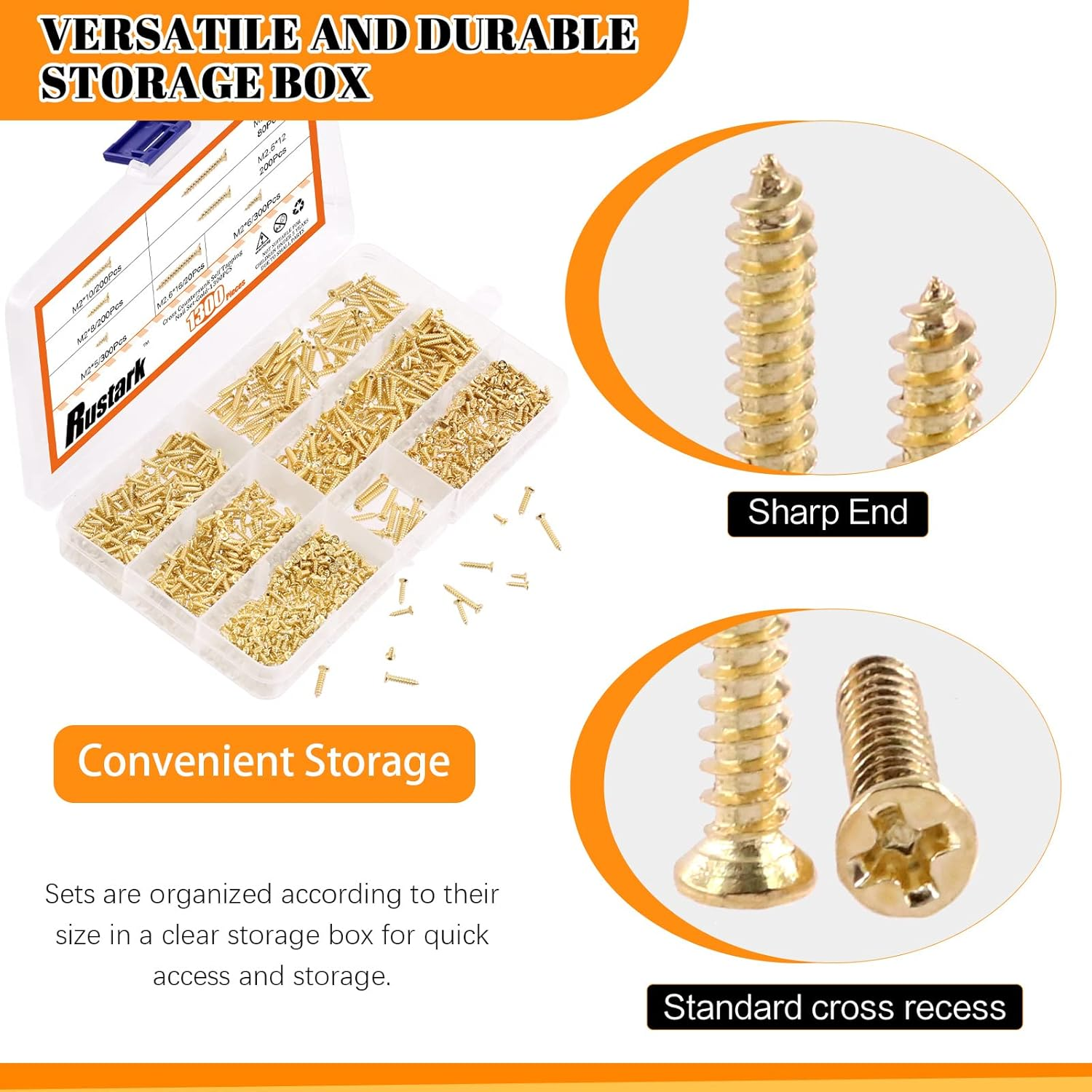 Rustark 1300Pcs M2 M2.6 Gold Flat Head Phillips Cross Small Wood Screws Tapping Screws Electronic Screws Assortment Kit 5Mm 6Mm 8Mm 10Mm 12Mm 16Mm Tapping Screws Small Metric Micro Screw Set - Black image number 7