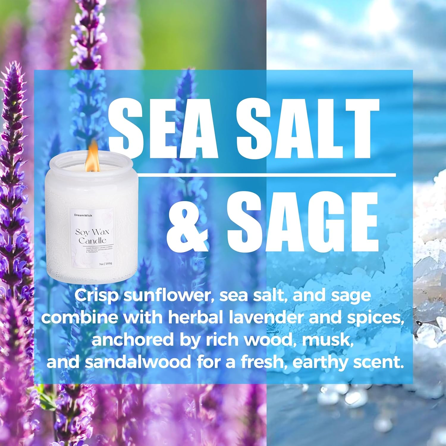 Dreamwick Highly Scented Candle &ndash; Natural Soy Wax Candle in Stylish Jar (200 G / 7 Oz) &ndash; Aromatherapy Candles for Relaxation and Home D&eacute;cor &ndash; Perfect for Living Room or Bedroom (Sea Salt & Sage) image number 5