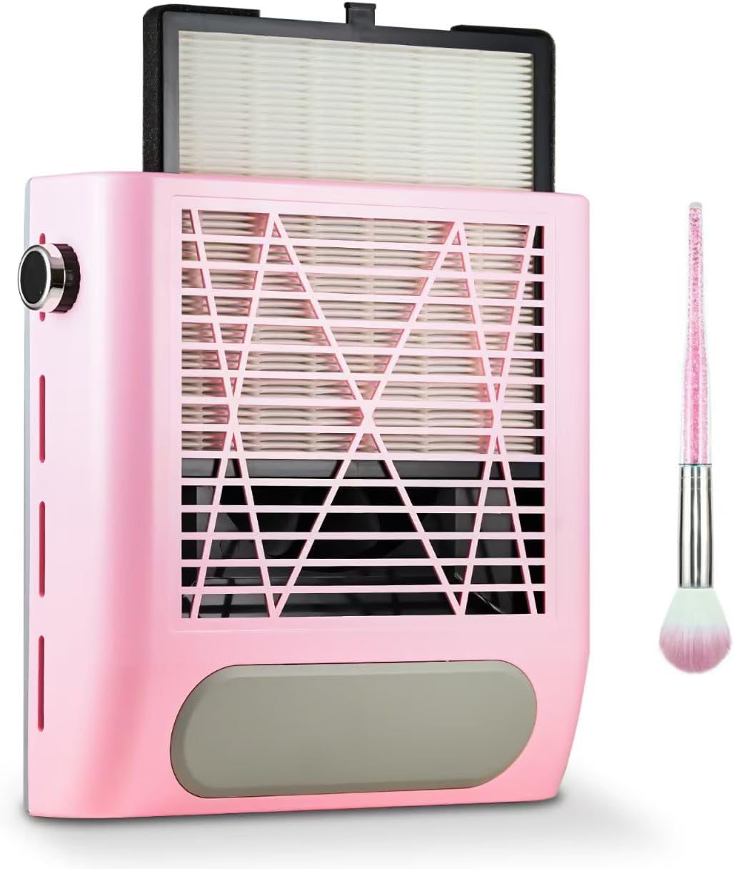 Nail Dust Collector Nail Tech, 80W Powerful Suction Nail Extractor Vacuum with Reusable Filter & Brush, Adjustable Electric Nail Fan Dust Vacuum for Acrylic Gel Nail Polishing Manicure Tool Pink