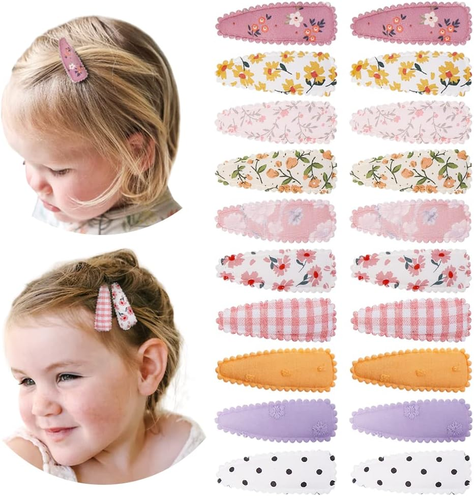 Yanwenx 20 Pcs Girl Hair Clips Floral Print Toddler Non Slip Wrapped Snap Hairpins for Kids Barrettes Accessories Baby Girls (Light Color) Pink