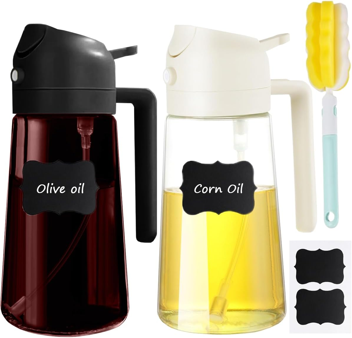 Blissify 2 Pack Oil Spray Bottle Dark Glass, 2 in 1 Olive Oil Dispenser and Oil Sprayer for Cooking, Light-Blocking Amber Oil Mister with Brush Labels for Kitchen, Salad, Frying, BBQ (White & Brown)