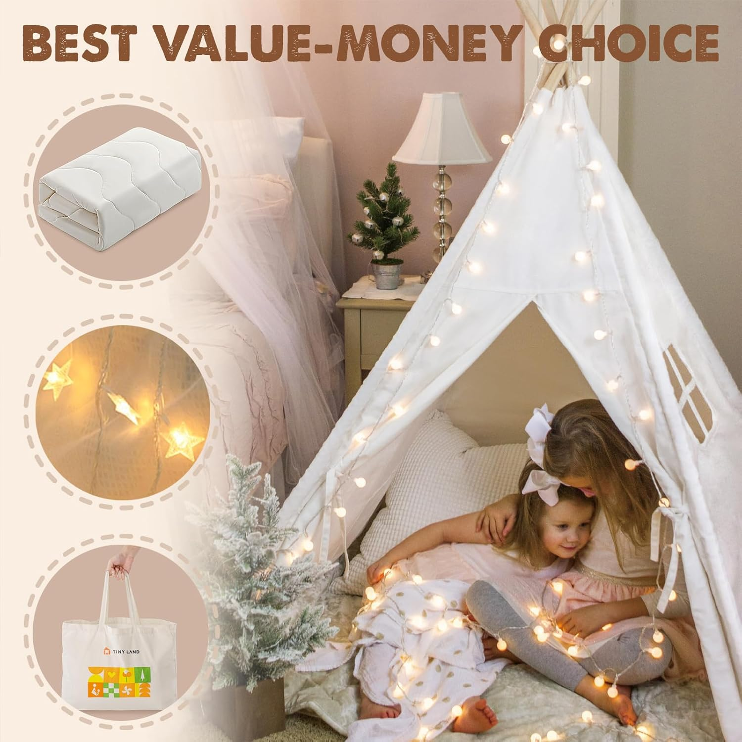 Tiny Land 100% Cotton Large Kids Teepee Tent with Padded Mat & Light String & Carry Case-Kids Foldable Play Tent -Toys for 3,4,5,6 Year Old Girls and Boys, Teepee Indoor Outdoor Games Playhouse image number 2