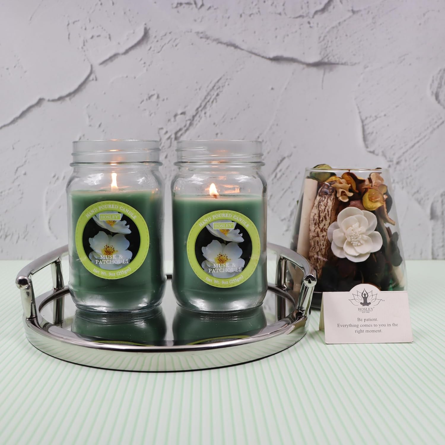 Hosley&reg; 9Oz Musk & Patchouli Scented Classic Clear Fragrance Jar Candle Large Jar Single Wick Candle, over 55 Hours of Burn Time (Pack of 2) image number 5