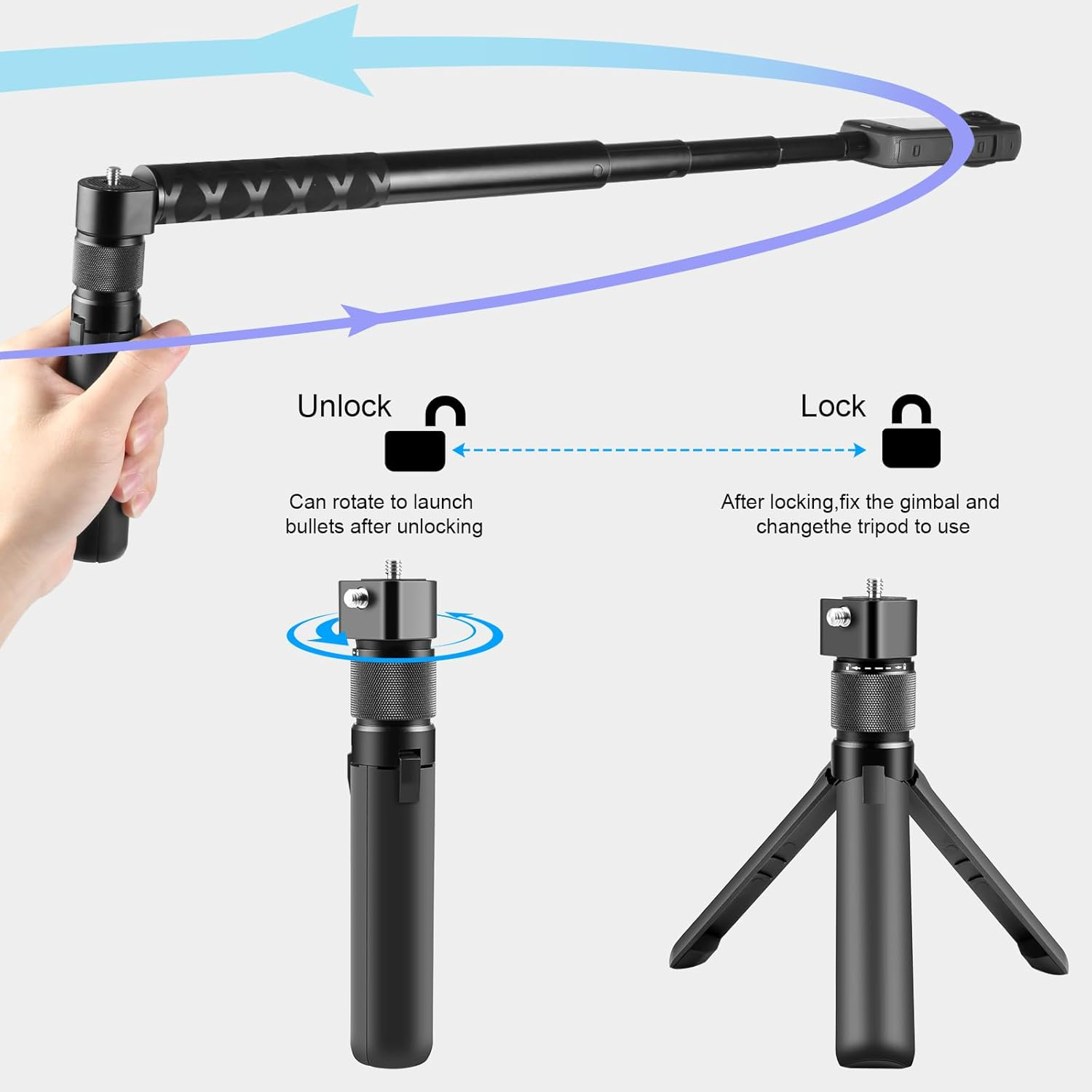 PULUZ Insta 360 Bullet Time Handle for Insta360 X3 X4 X5 ONE X2, Mini Tripod Stand with Daul 1/4 Screws for Gopro Hero 12 11 10 9 8 7 6 5 for DJI Osmo Action 3 4 5 Pro, Osmo 360 - Support14 image number 7