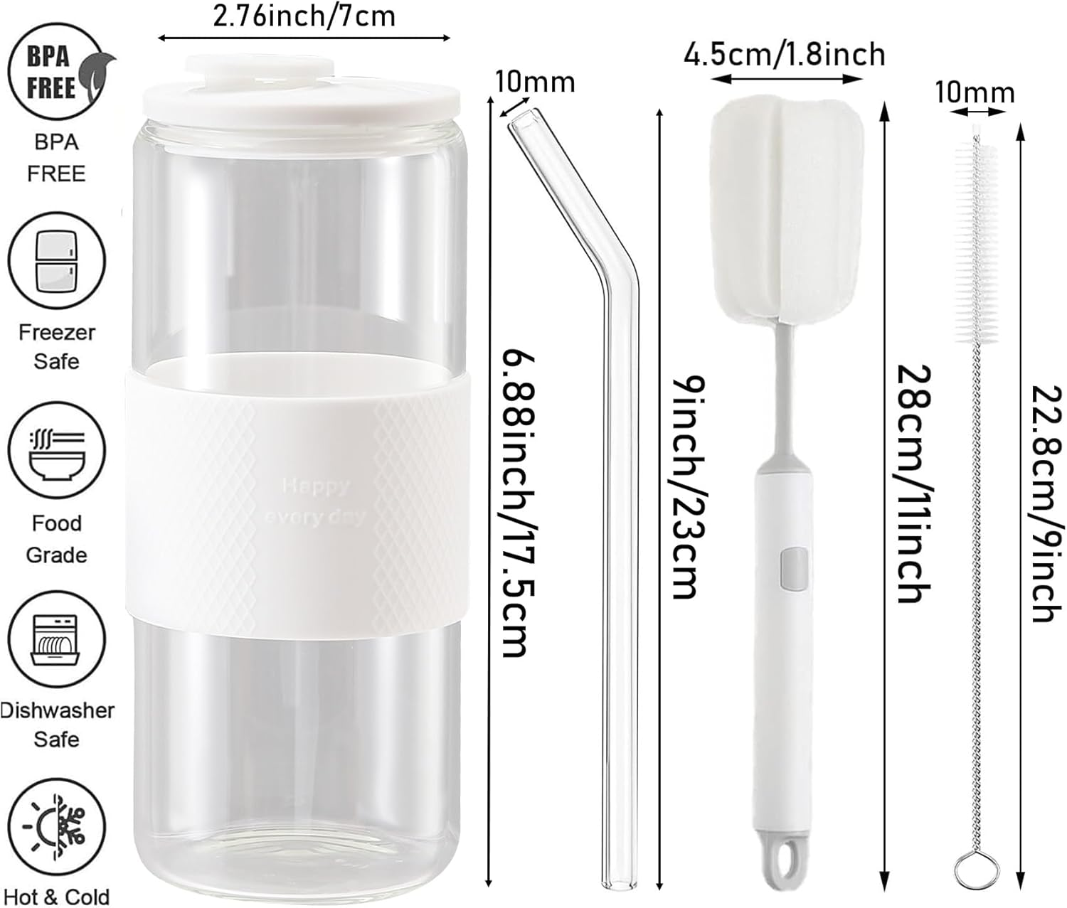 20Oz Can Shaped Glass Cups with Lids and Glass Straws, 2PCS Drinking Glasses with Lids and Straws, and Silicone Sleeves, Beer Glasses, Iced Coffee Cups, Soda, Gift 2 Cleaning Brushes - White image number 2