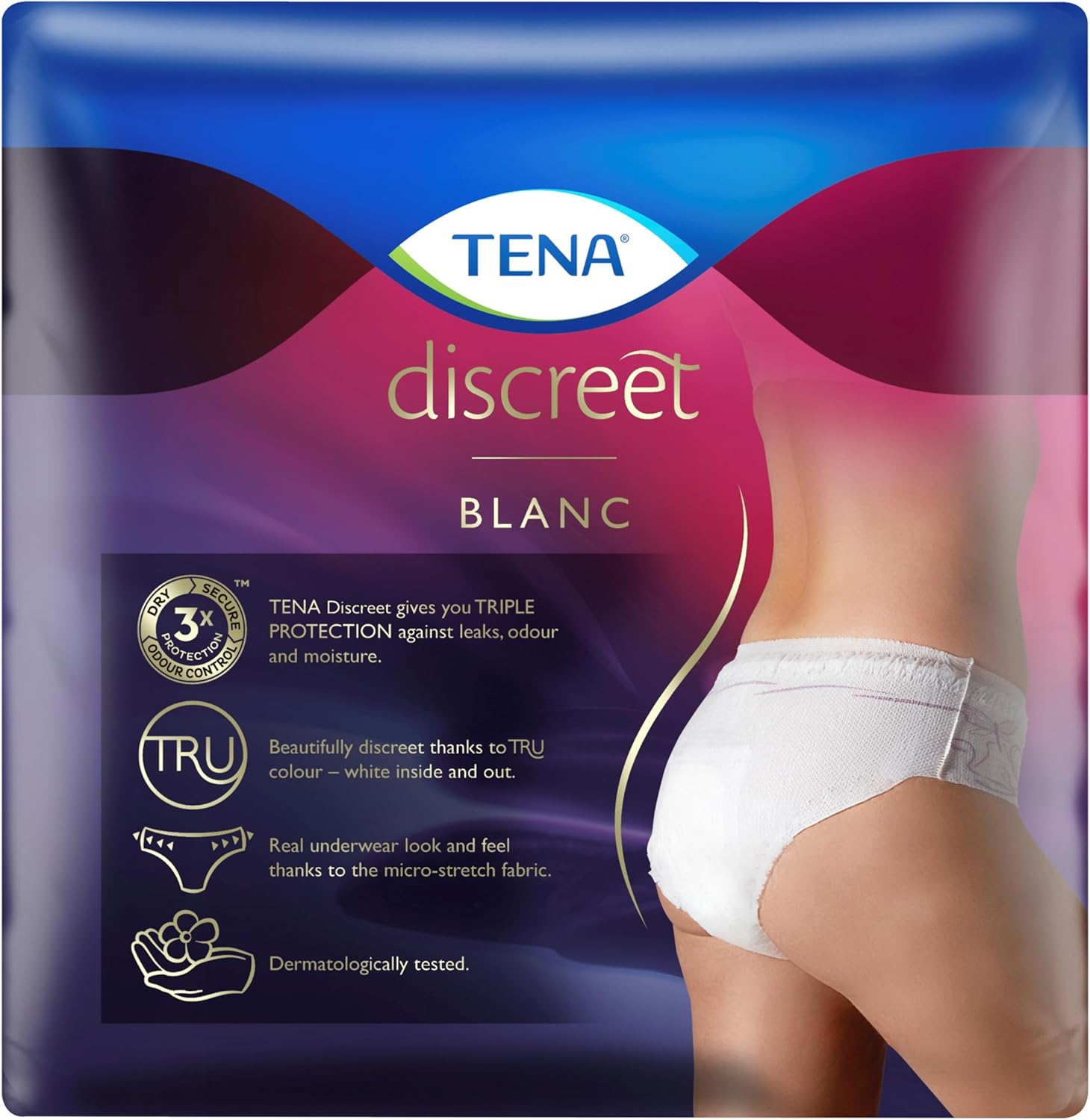 TENA Women Discreet Low Waist Incontinence Underwear, Blanc, Large, Pack of 8 image number 1