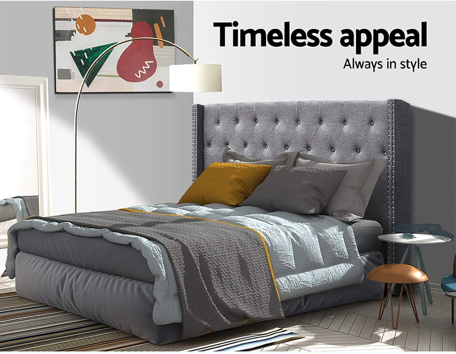 Artiss King Bed Headboard Headboards Wingback Tufted Beds Head Frame Base Upholstered with Grey Faux Linen Fabric Foam Wood, 196Cm X 120Cm X 15Cm image number 2