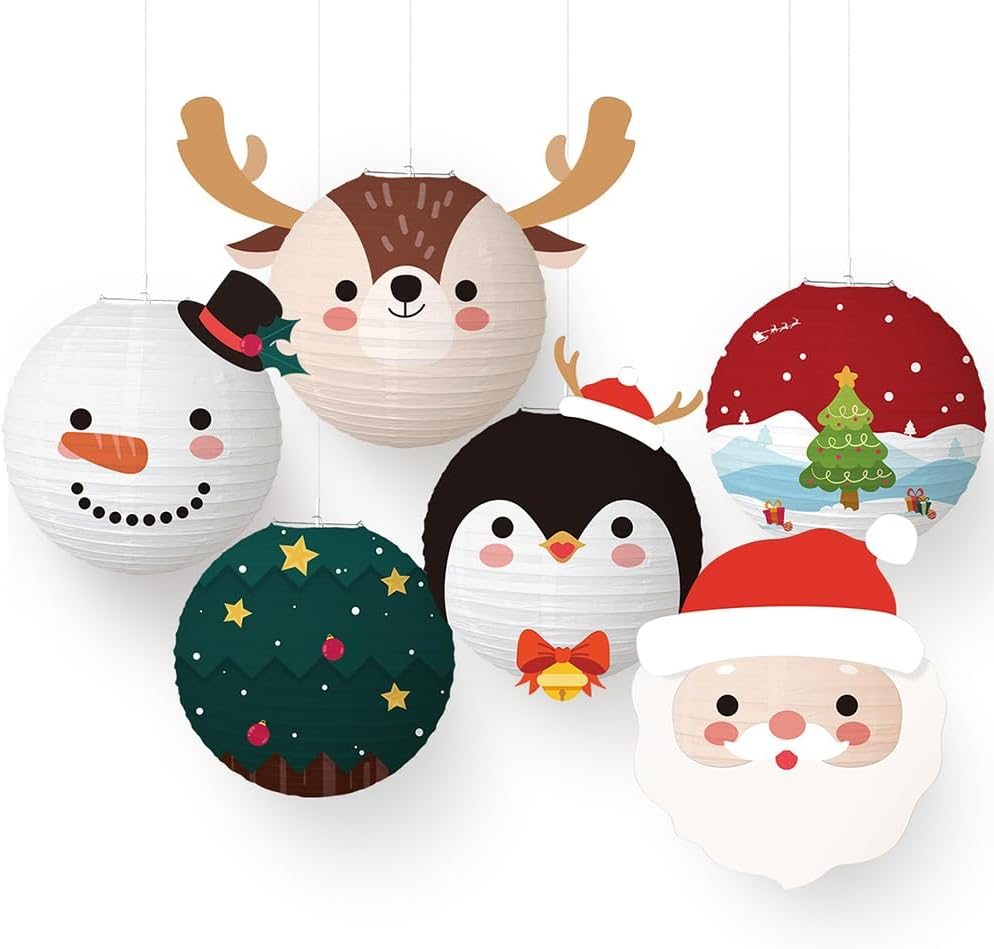 ANJOGIFT 6 Pcs Christmas Hanging Paper Lantern Set Santa Snowman Elk Penguin Lanterns Xmas Party Supplies Home and Birthday Graduation Christmas Decoration Products image number 3