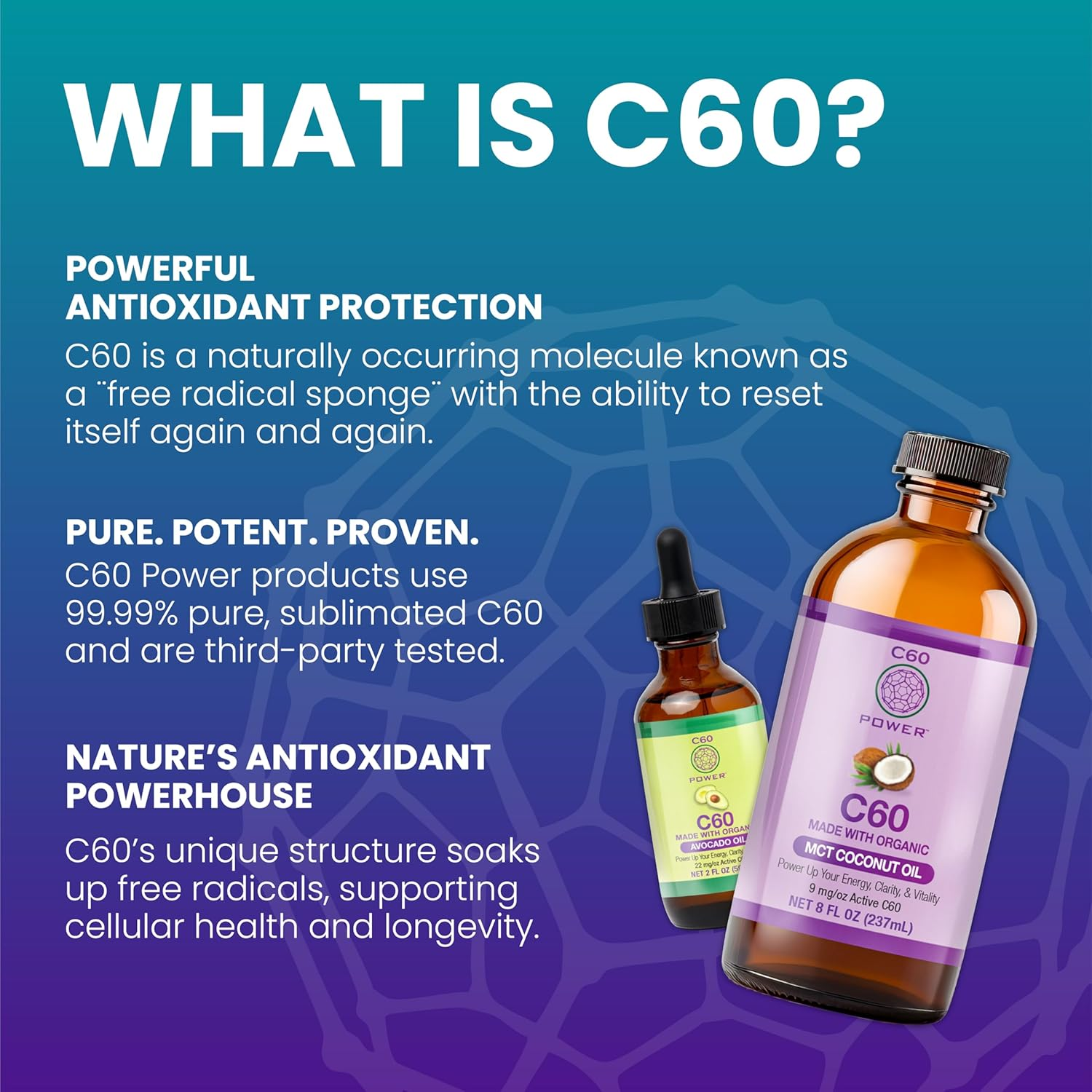 C60 Power - MCT 2-Oz.- Organic MCT Coconut Oil, 2 Fl Oz, 99.99% Pure Carbon Fullerenes, Lift Oxidative Burden, Optimize Mitochondrial Function image number 1