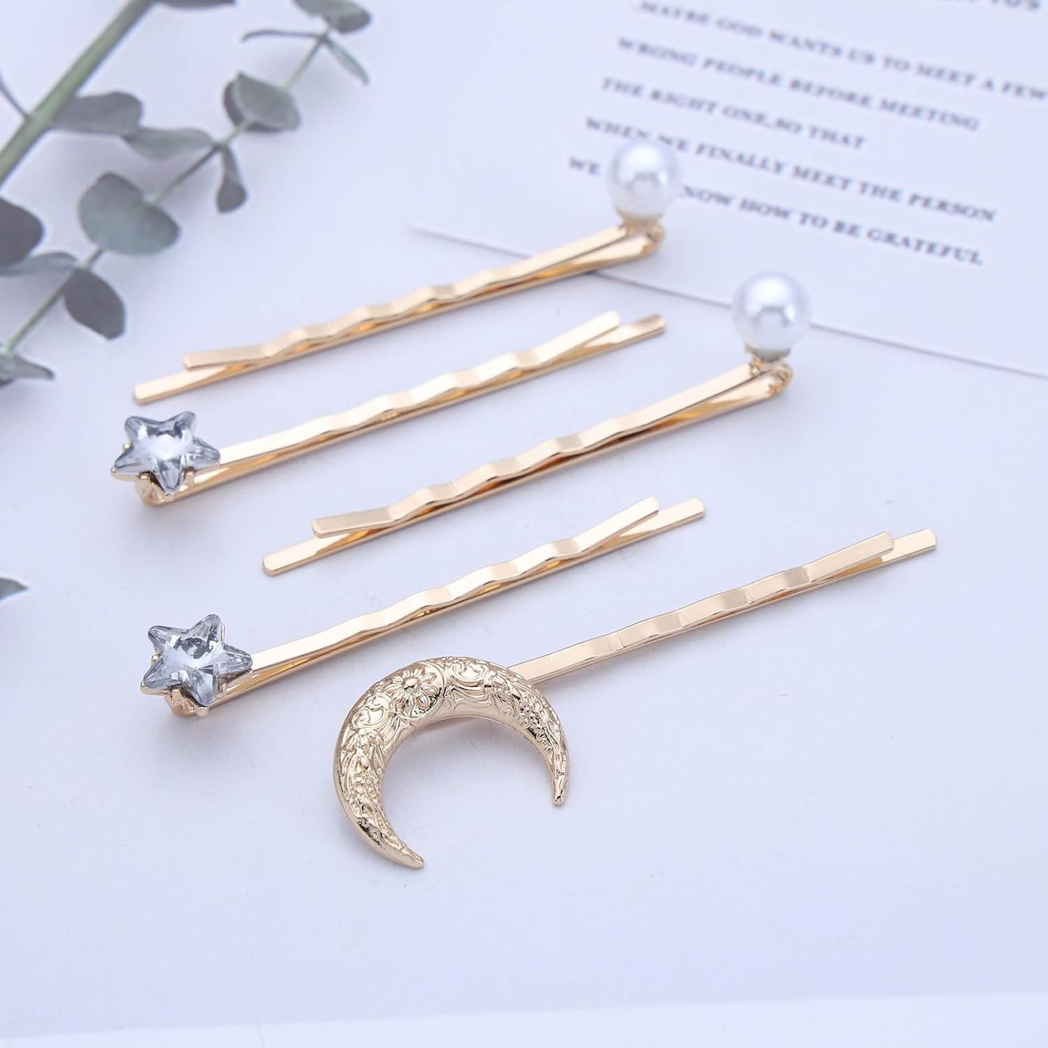 Inateannal Rhinestone Moon Star Hair Clips Gold Pearl Star Moon Hair Clip Sets Bridal Pearl Hair Bobby Pins Wedding Decorative Bobby Pins Prom Hair Accessories 5 Pieces image number 5