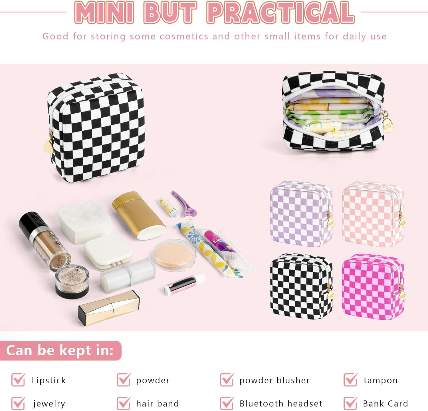 Desing Wish Women'S Make up Bag Small, Pink and Black Checkerboard Pattern - Pack of 2, Mini - Pink And Black Checkerboard Pattern - Pack Of 2 image number 6