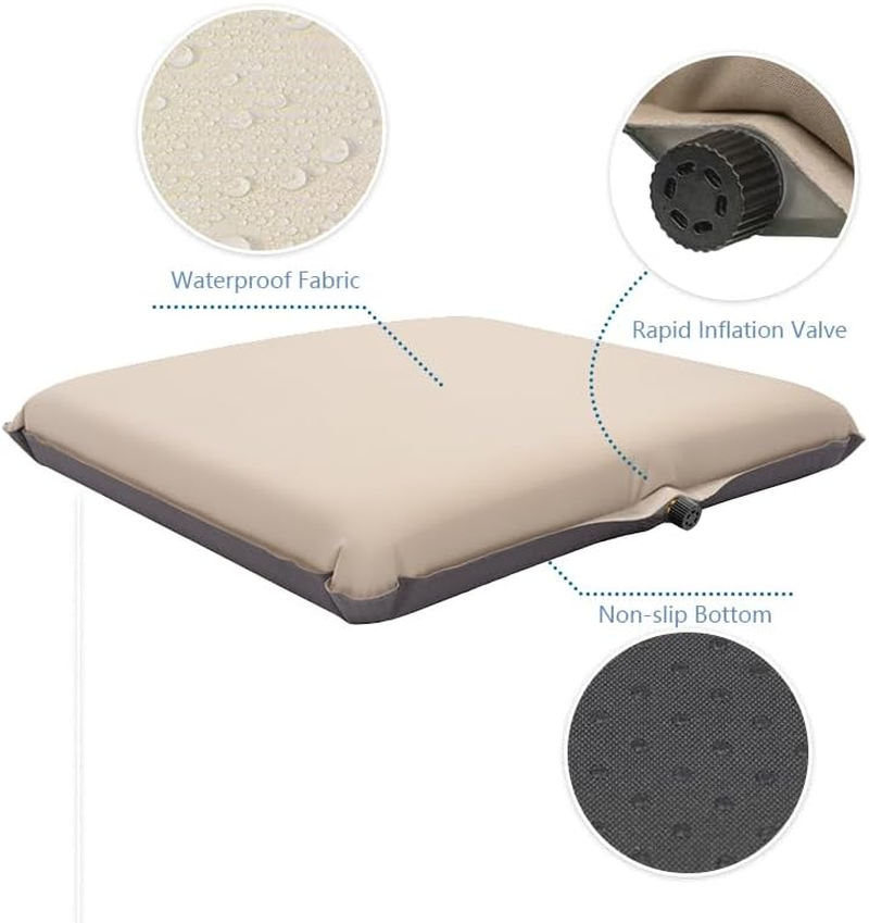 2Pcs Self-Inflating Outdoor Foam Seat Pad, Travel Cushion,Seat Cushion for Hiking, Camping, or Simply Relaxing Outdoors Water-Resistant, Non-Slip Base, (Beige) image number 5