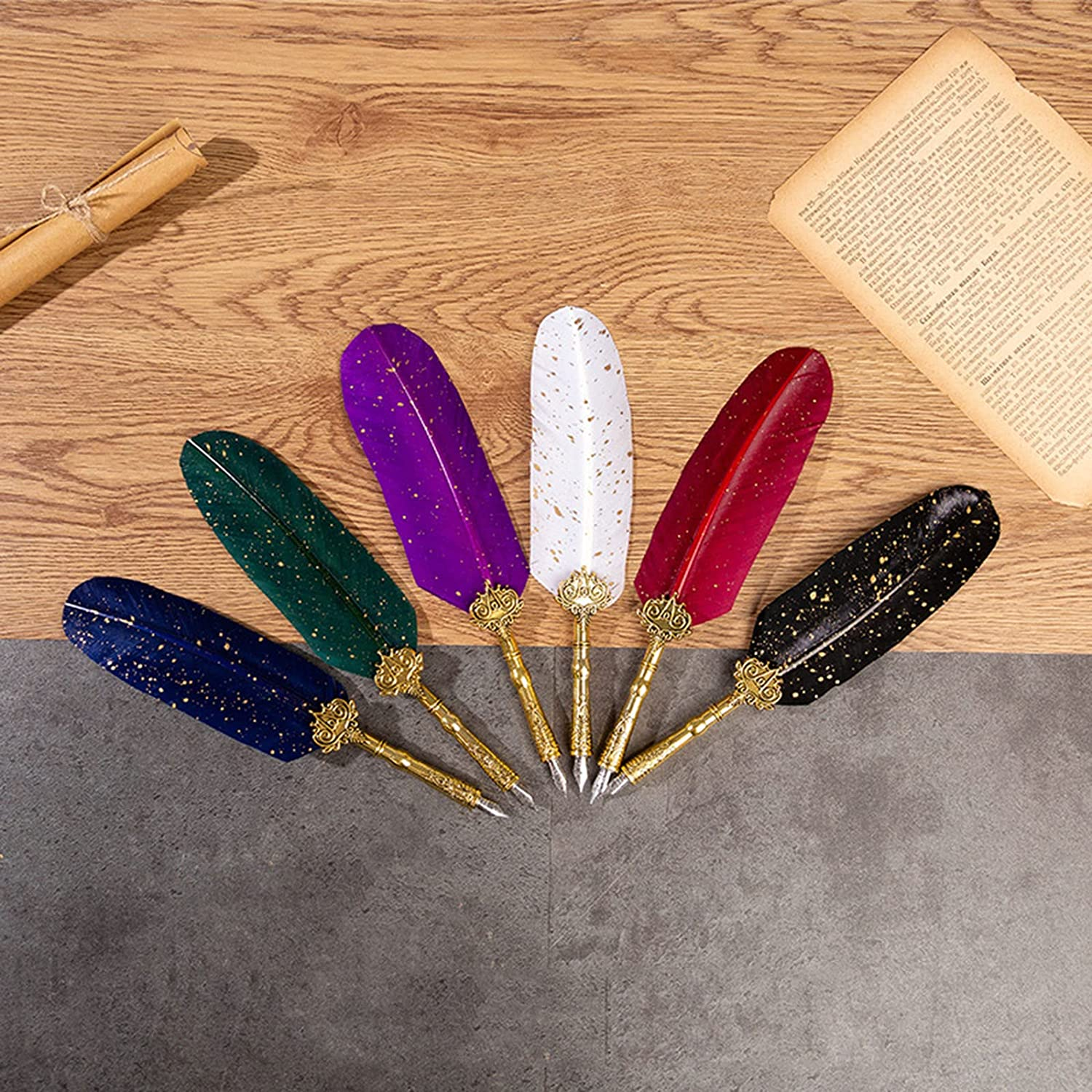 Joyeee Feather Calligraphy Dip Pens and Nibs, Stationery Paper, Pen Base, Spoon, Black Ink Bottle, Dip Pen Wooden for Writing Letters, Greeting Cards, Valentine&rsquo;S Day Writing Drawing Lover - 101 White Quill Pen Set image number 6