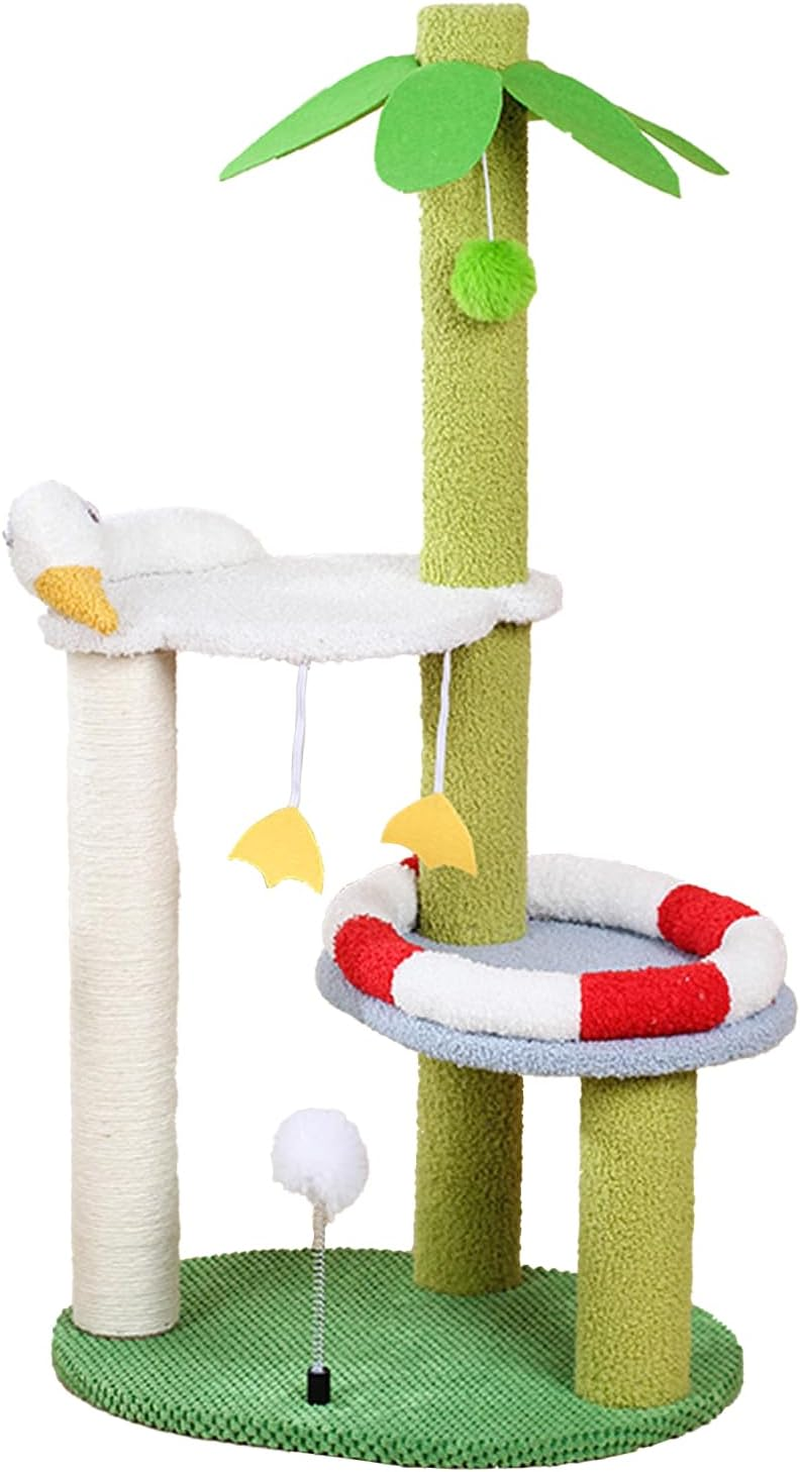 Beach-Themed Cat Tree - Duck Shaped Cat Tower with Palm Tree, Swimming Ring-Shaped Bed, Scratching Post, and Hanging Toys, Fun Cat Activity Tower for Kittens, Small Cats, 82Cm Tall image number 1