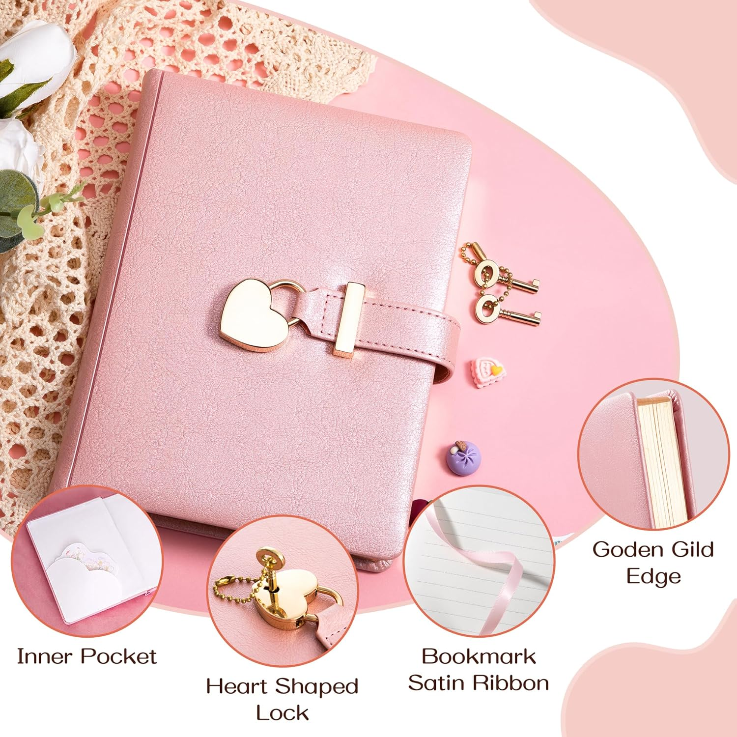 CAGIE Lock Diary for Girls with 2 Keys, Diary with Lock for Girls Ages 8-12, Heart-Shaped Locked Journal for Women, Gold Edged Pages 5.3 X 7 Inch image number 4