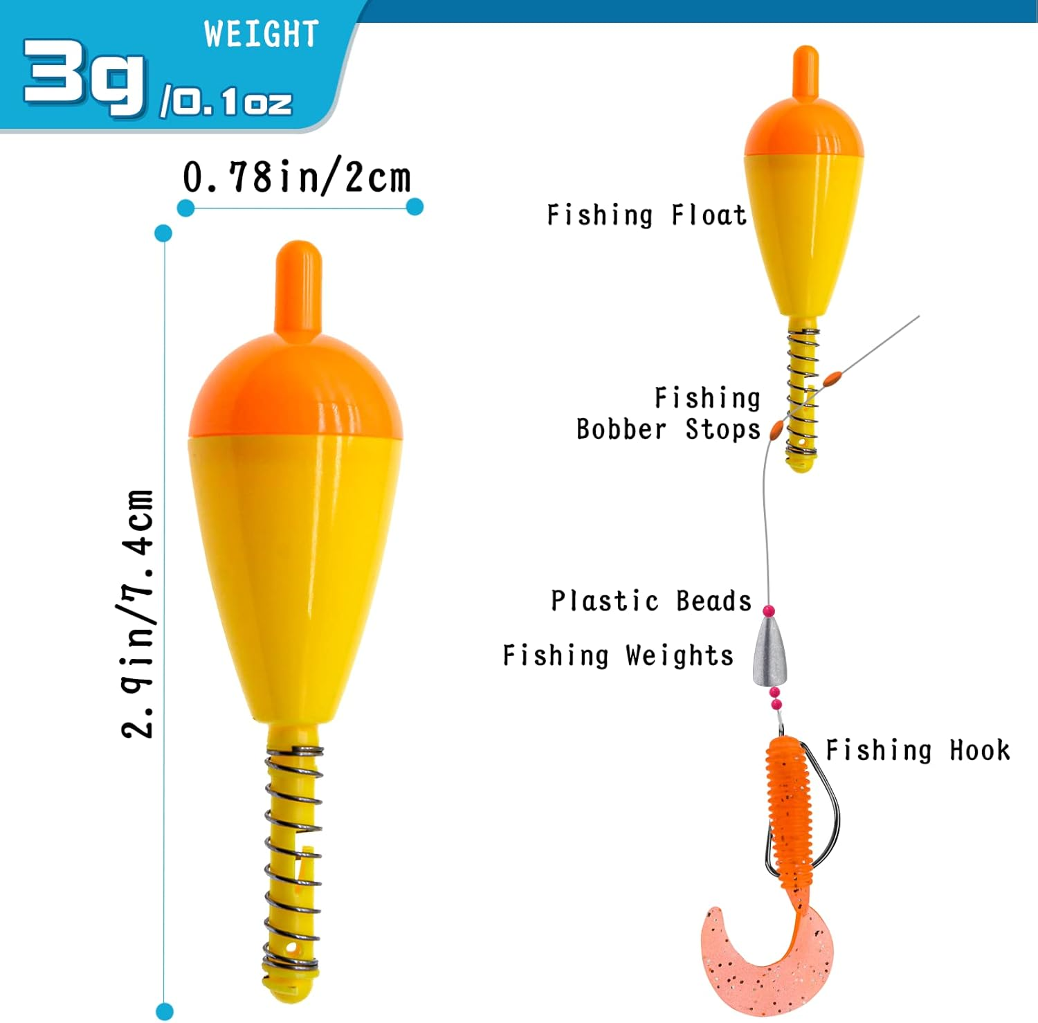 Gefischtter Fishing Bobbers and Floats Set - Foam Snap-On Float, Weighted Push Button Spring Oval Assortment - D-Weighted Fishing Floats 16Pcs image number 6